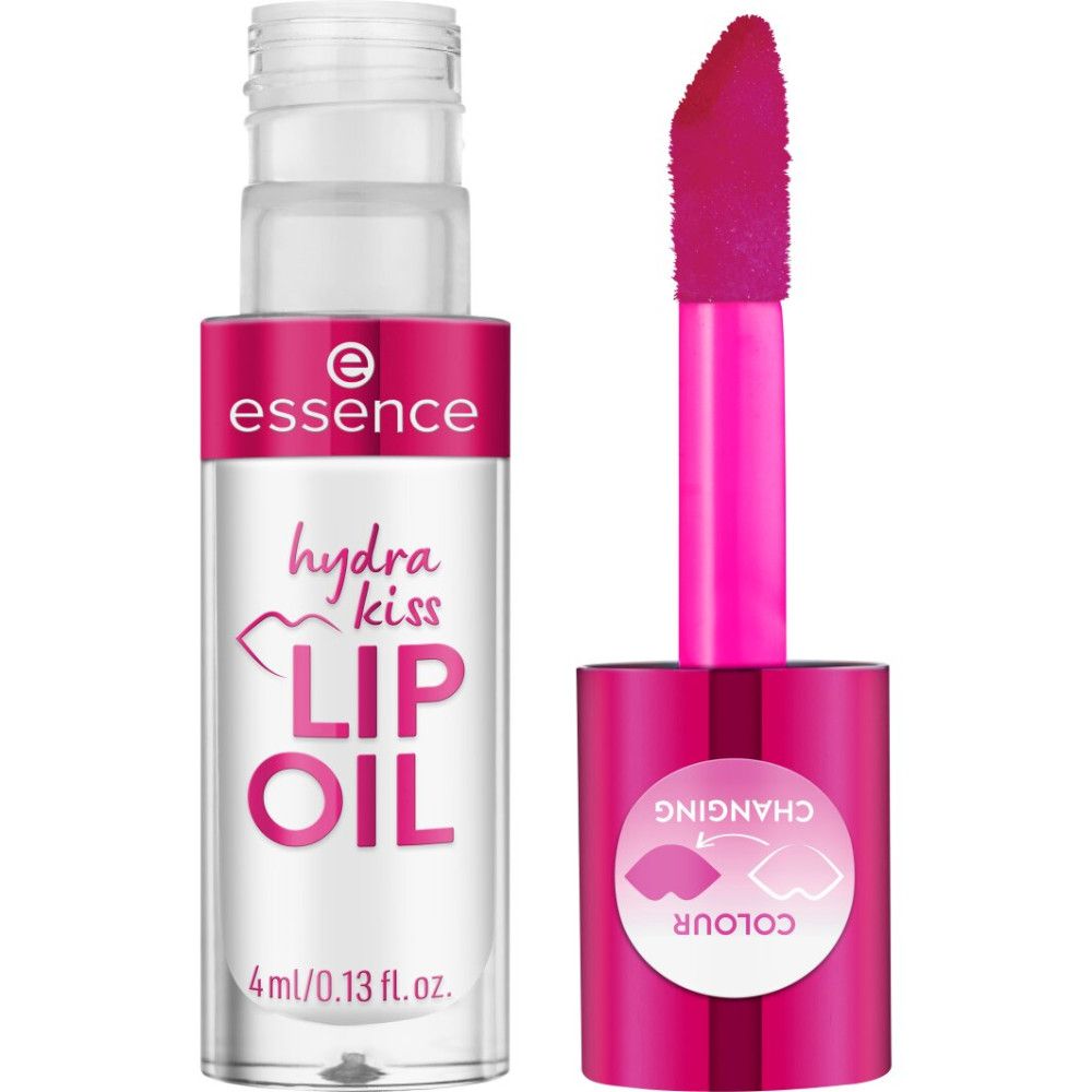 Lipolie flesje met roze applicator. Opschrift: "Essence Hydra Kiss Lip Oil". Kleurveranderingsindicator.