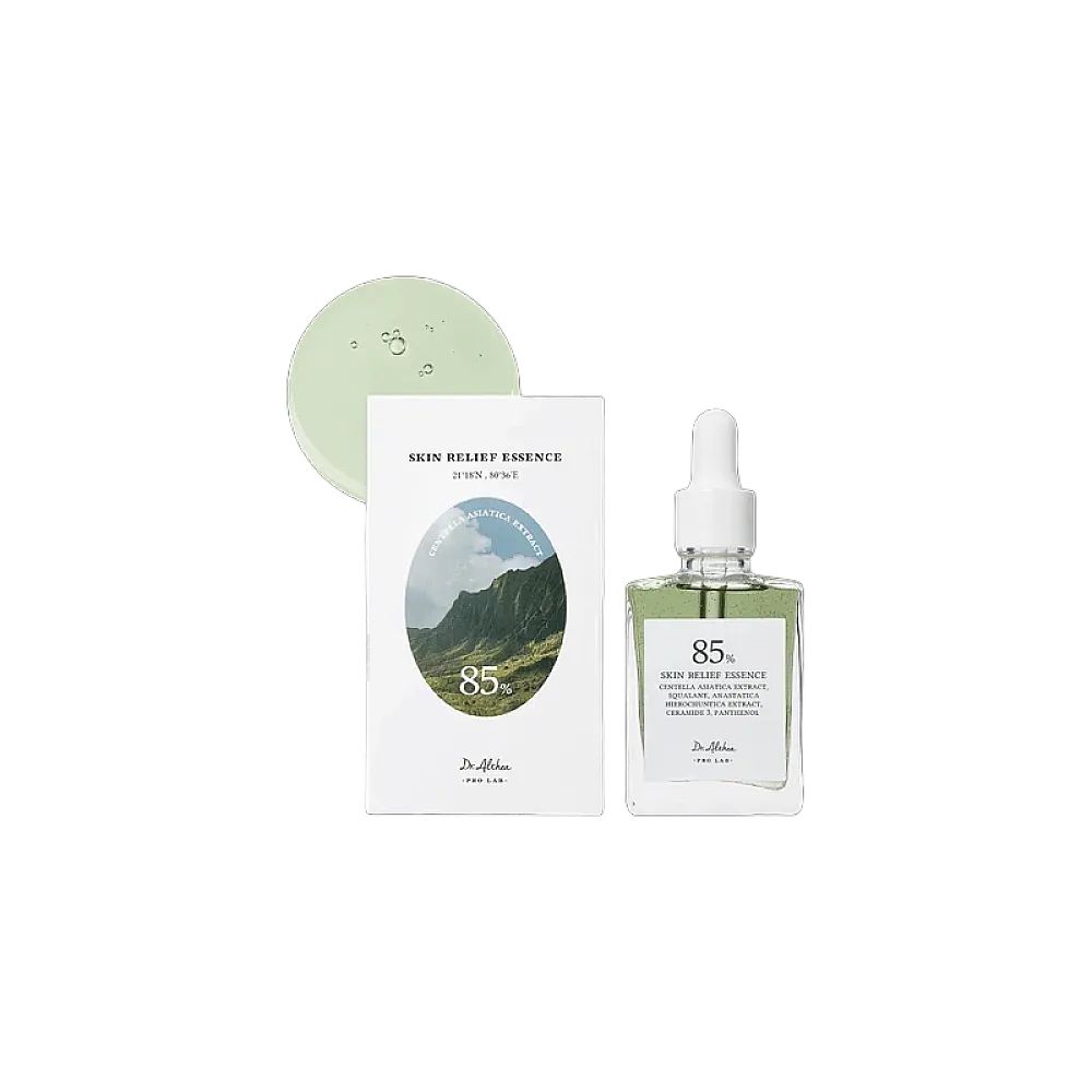 Dr. Althea Skin Relief Essence fles en verpakking met berglandschap.