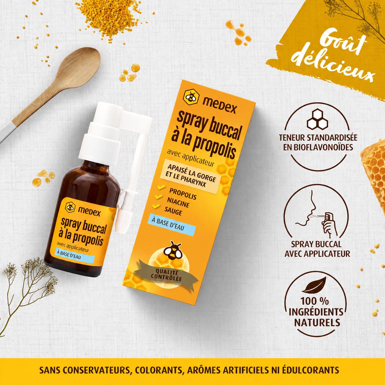 Spray buccal Medex Propolis à la propolis avec applicateur, à base d'eau, motif abeille.