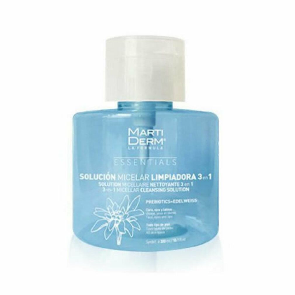 Blauwe transparante fles met witte dop. Opschrift: Marti Derm Essentials, Solución Micelar 3 en 1. Met pomp.