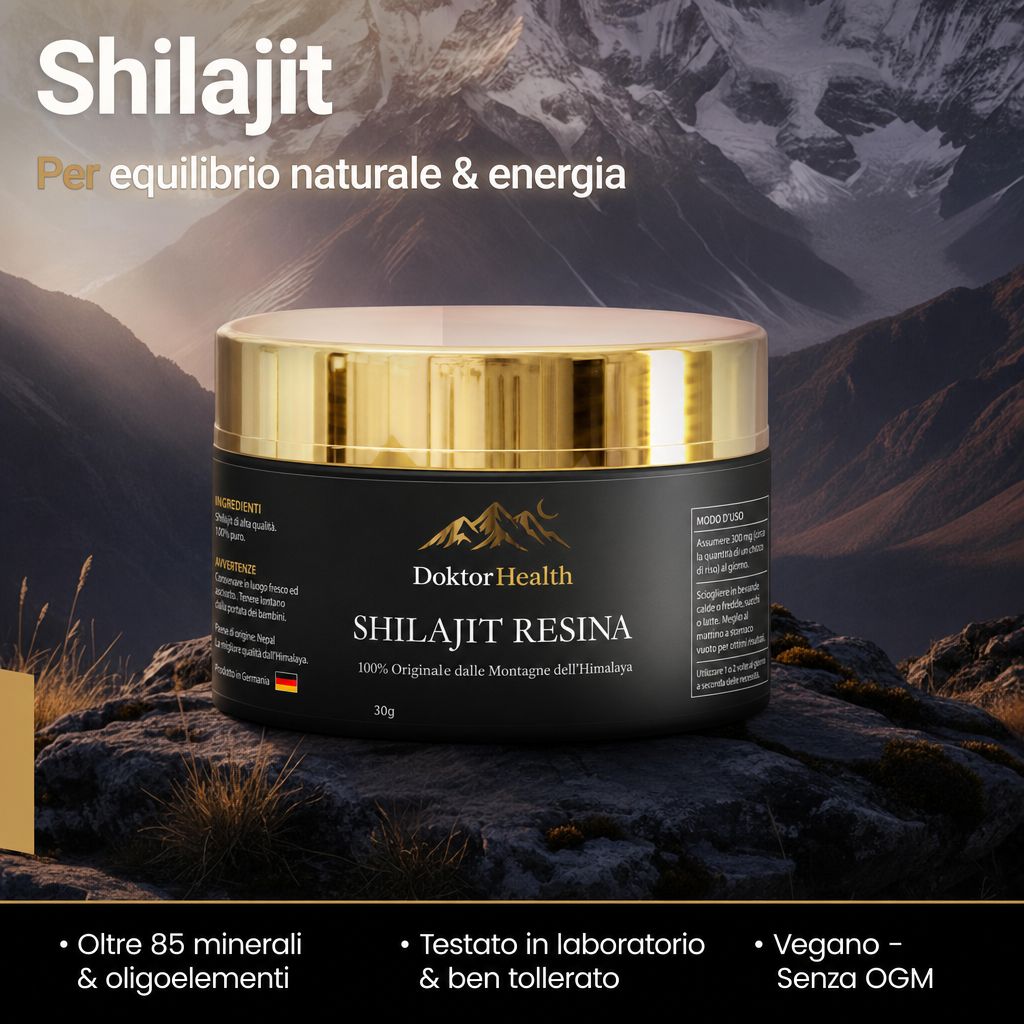 Bocal noir à couvercle doré, rempli de résine de Shilajit, sur fond de montagnes.