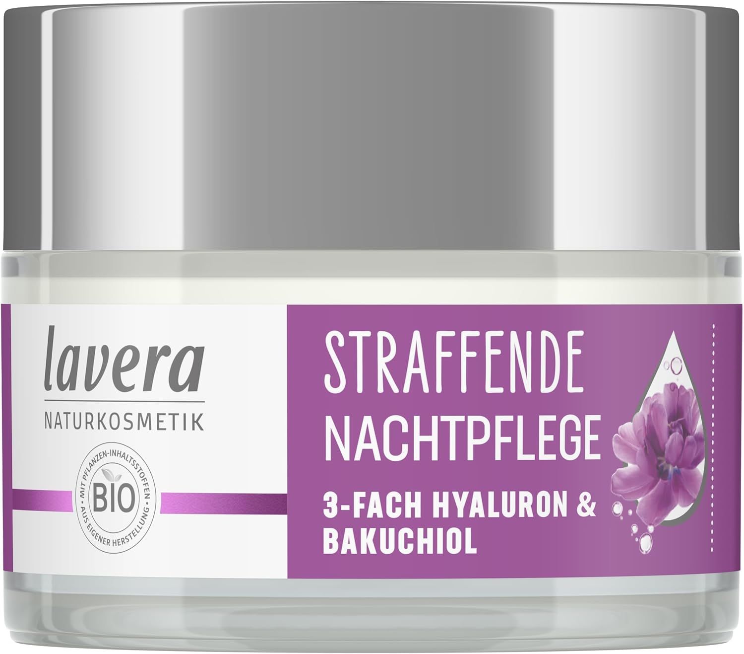 Crèmetiegel met paars etiket. Tekst: Straffende Nachtpflege, 3-fach Hyaluron & Bakuchiol. Merk: lavera.