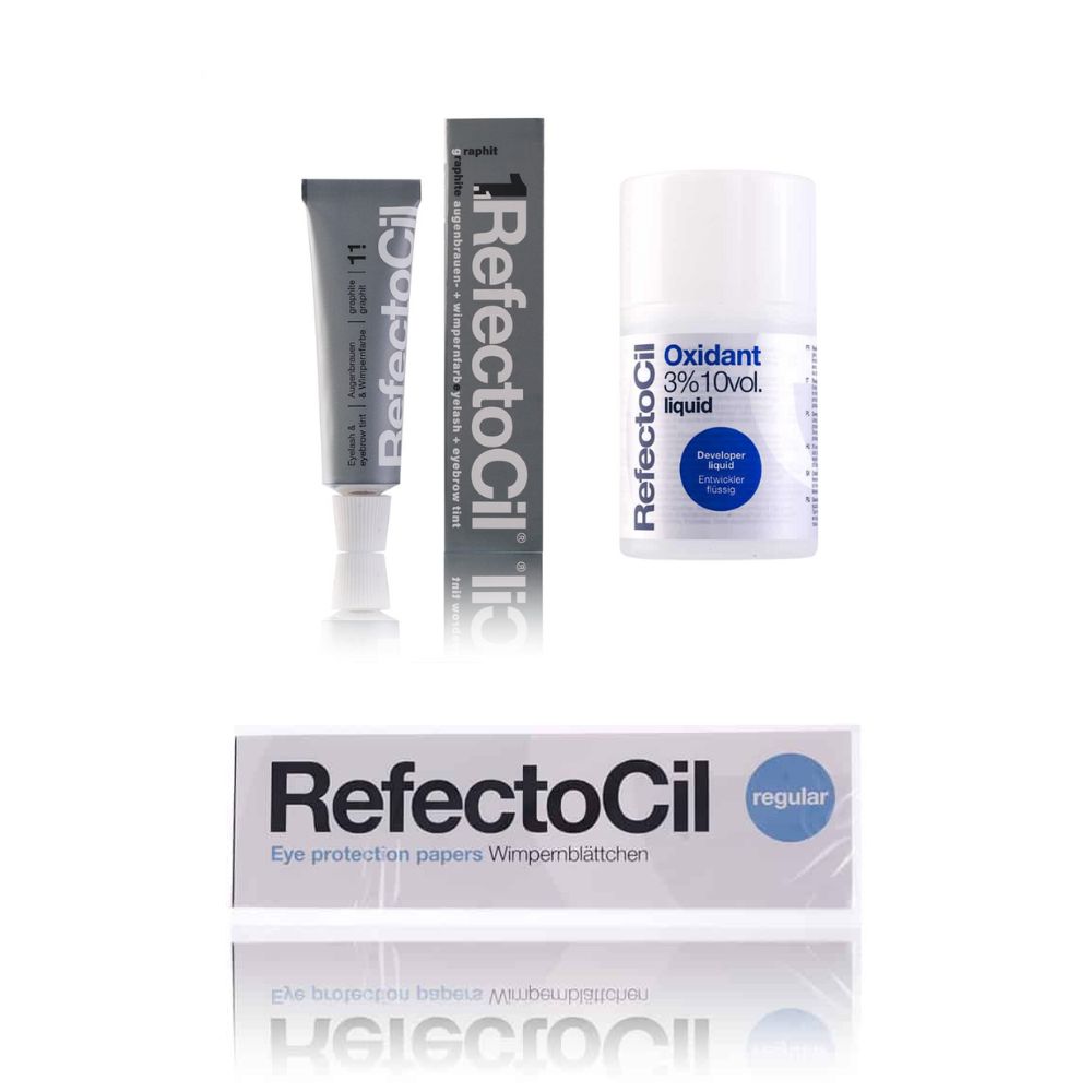 Ensemble de teinture pour cils, oxydant et coussinets pour les yeux. Les produits sont conditionnés en tubes, flacons et boîte. Inscription : RefectoCil.