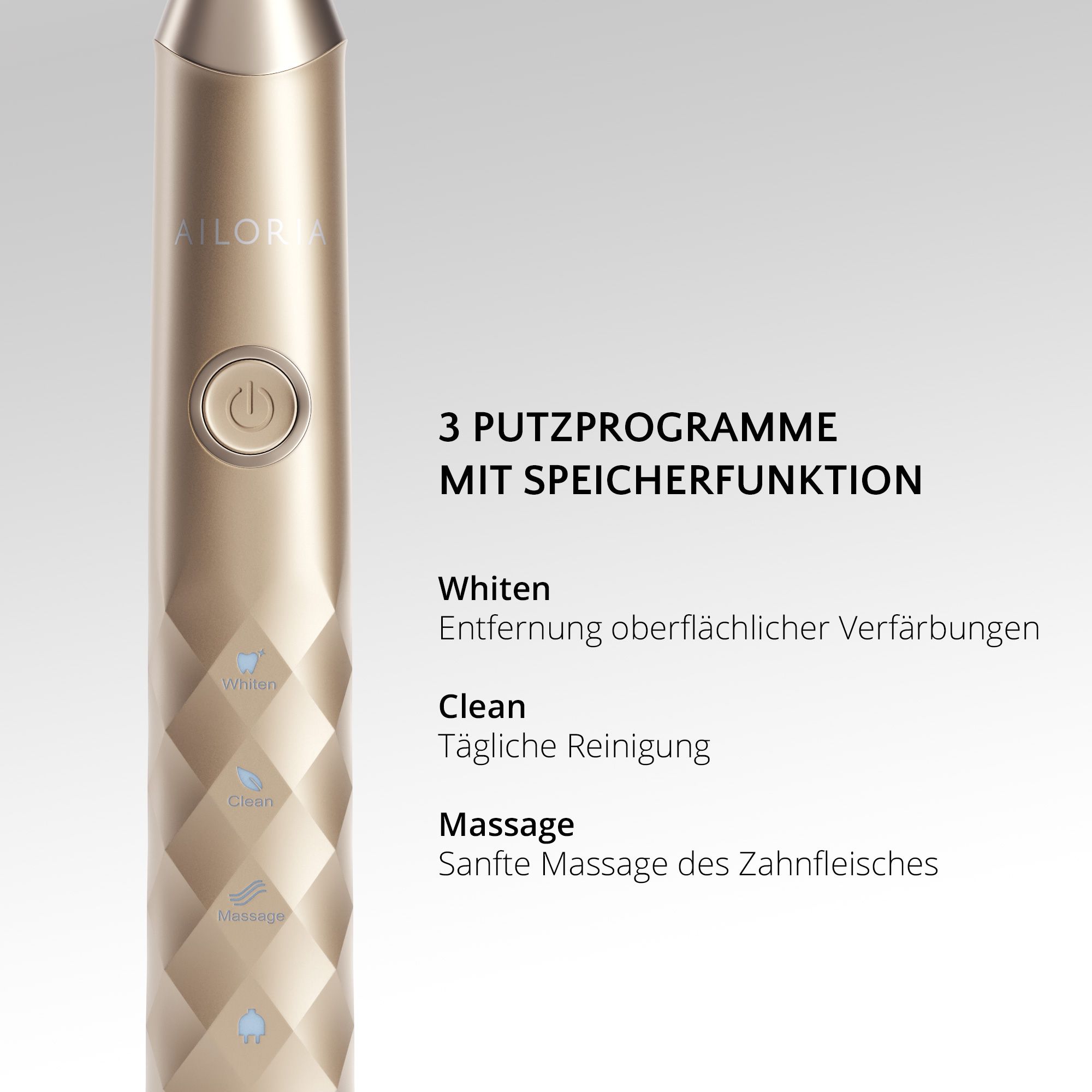 Brosse à dents dorée avec trois programmes : Whiten, Clean, Massage. Avec fonction mémoire.