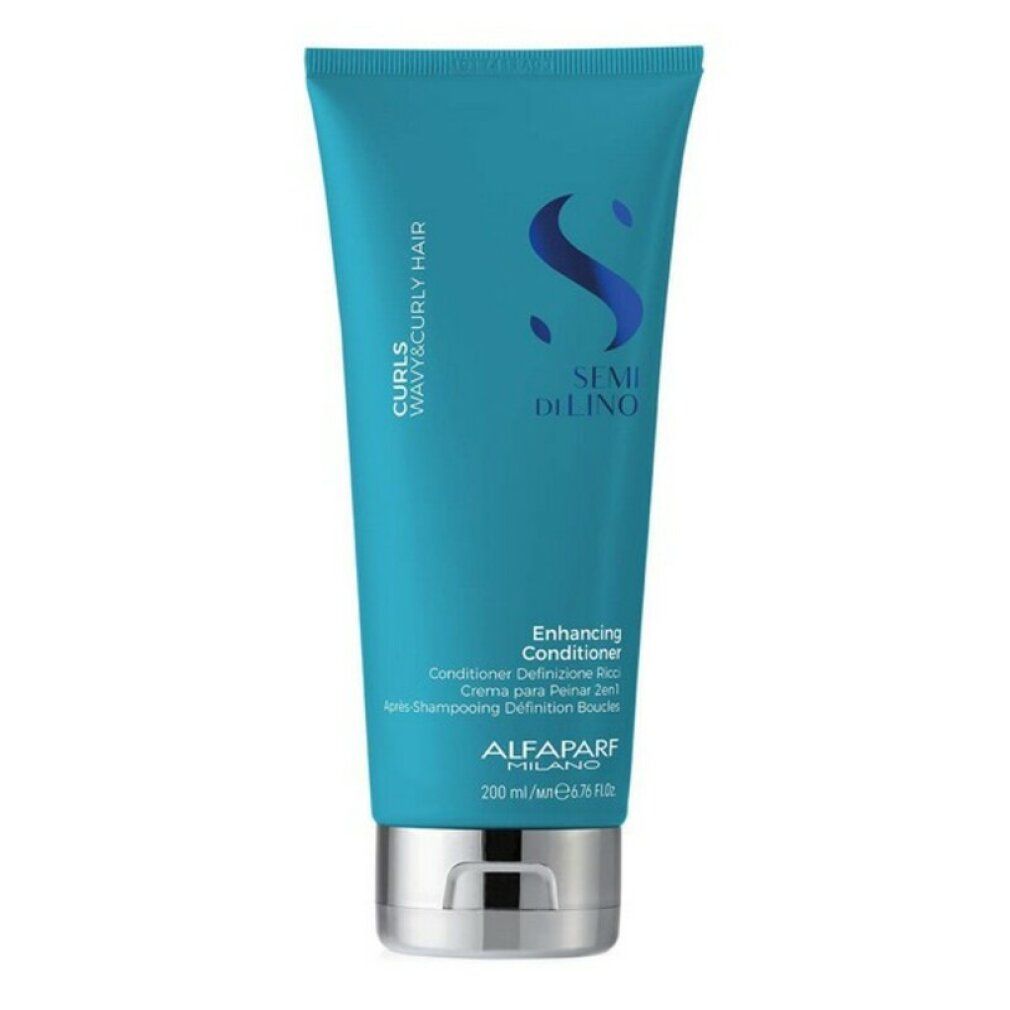 Tube turquoise avec bouchon argenté, Alfaparf Milano Enhancing Conditioner pour cheveux bouclés, 200 ml.