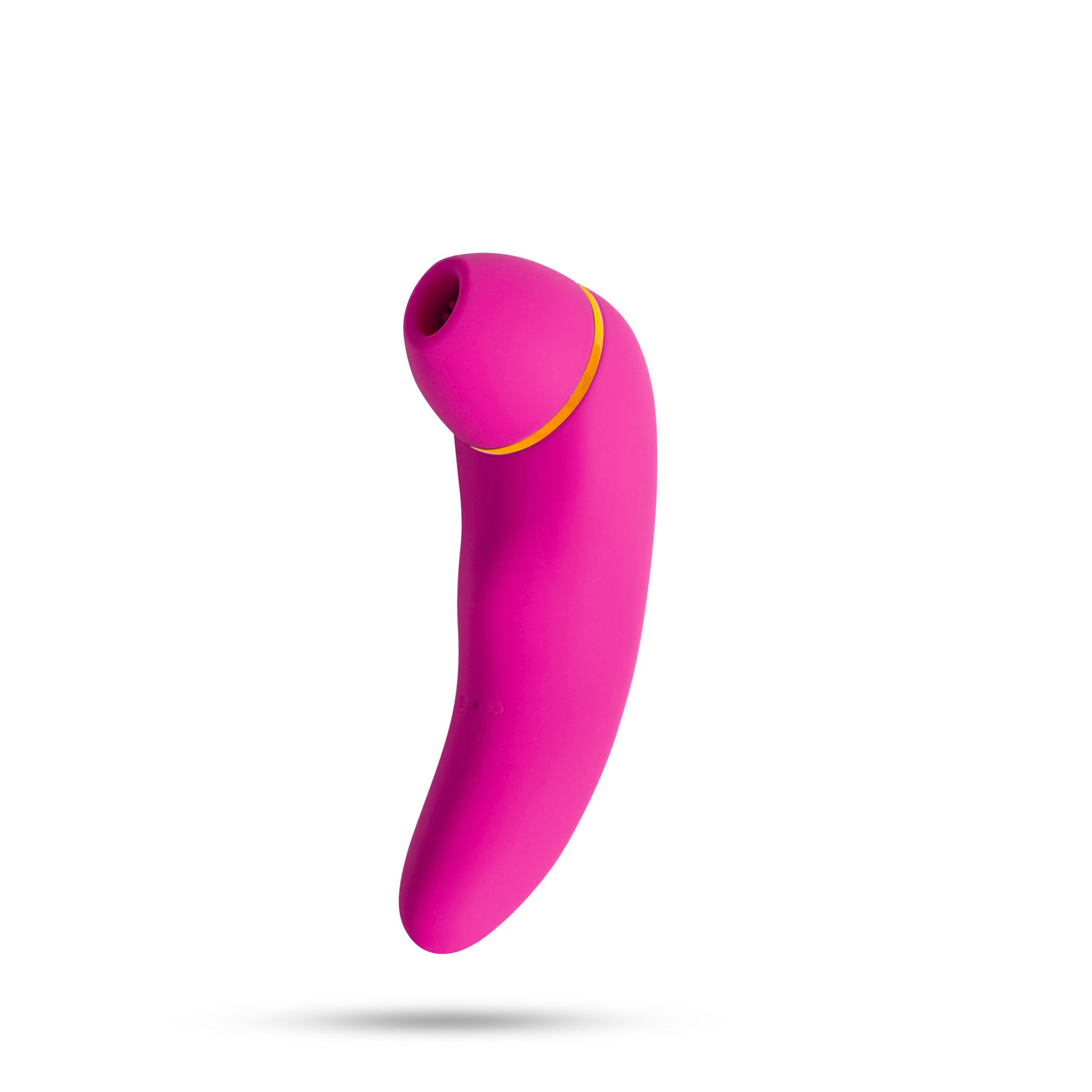 Vibrateur rose, forme arrondie, accent doré. Sur fond blanc.