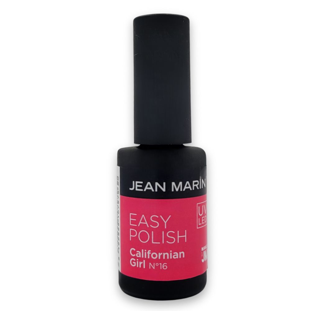 Flacon de vernis à ongles avec bouchon noir. L'étiquette indique "JEAN MARIN EASY POLISH Californian Girl N°16".