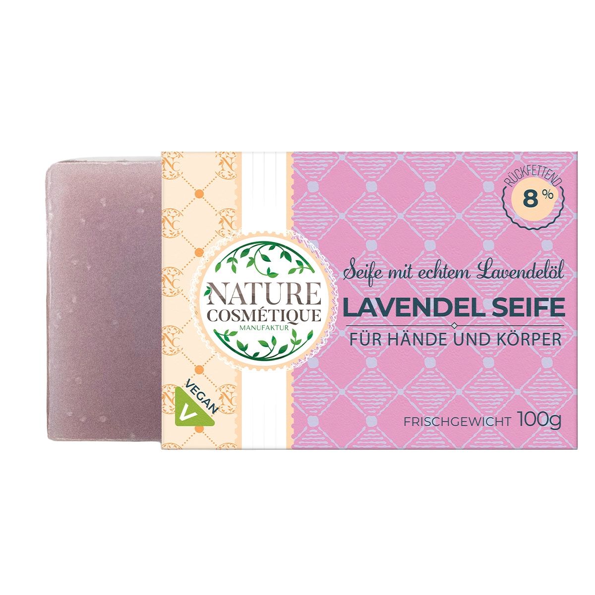 Lavendelzeep naast verpakking. Merk Nature Cosmetique. Vegan. Keurmerk: Zeer goed.