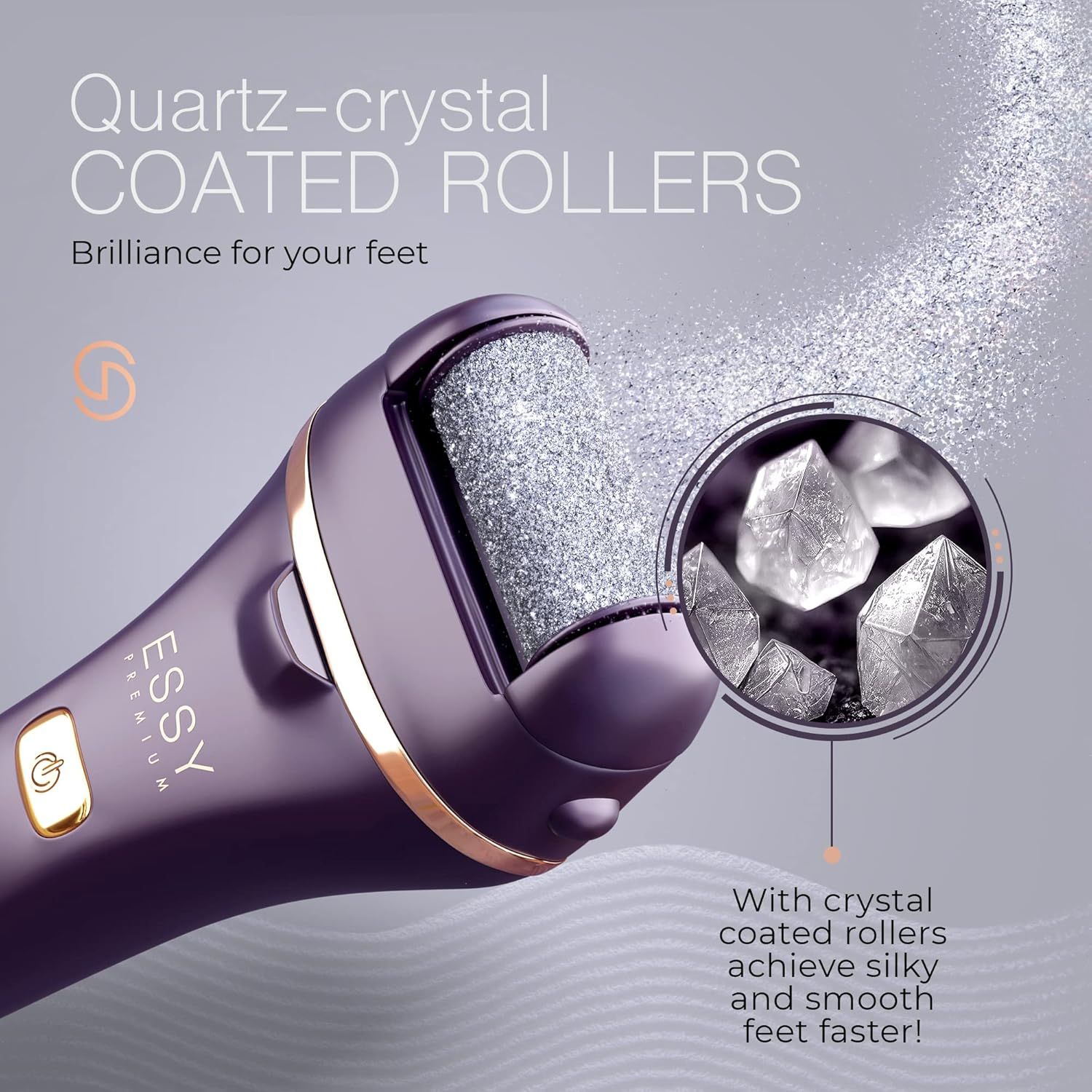 Gros plan du défroisseur violet avec rouleaux enduits de cristaux de quartz.