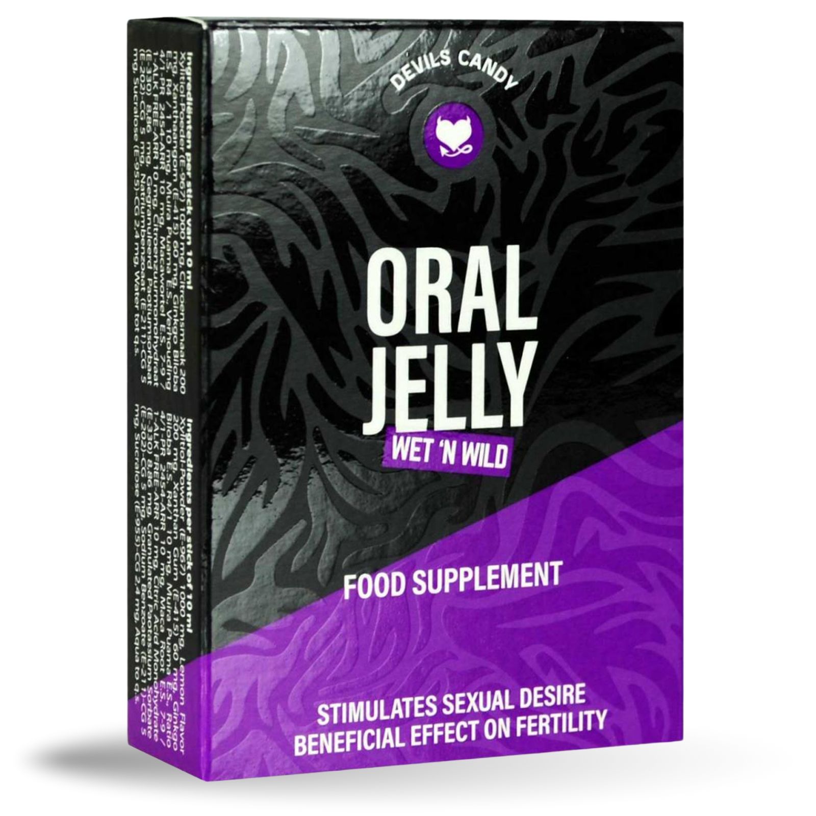 Boîte de produit. Fond noir, accents violets. Texte : Oral Jelly, Food Supplement.
