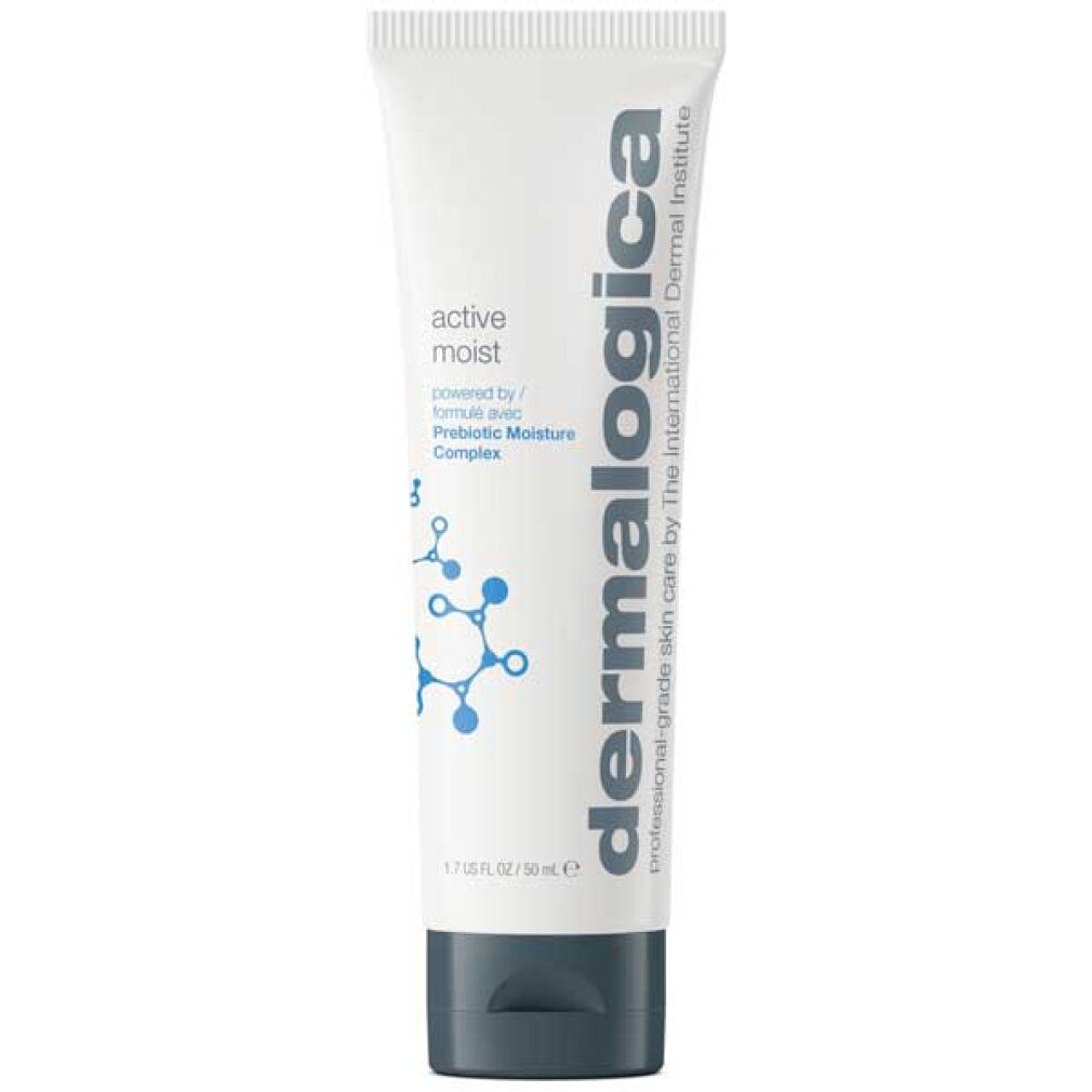 Witte tube met Dermalogica Active Moist opschrift en moleculair structuurmotief.