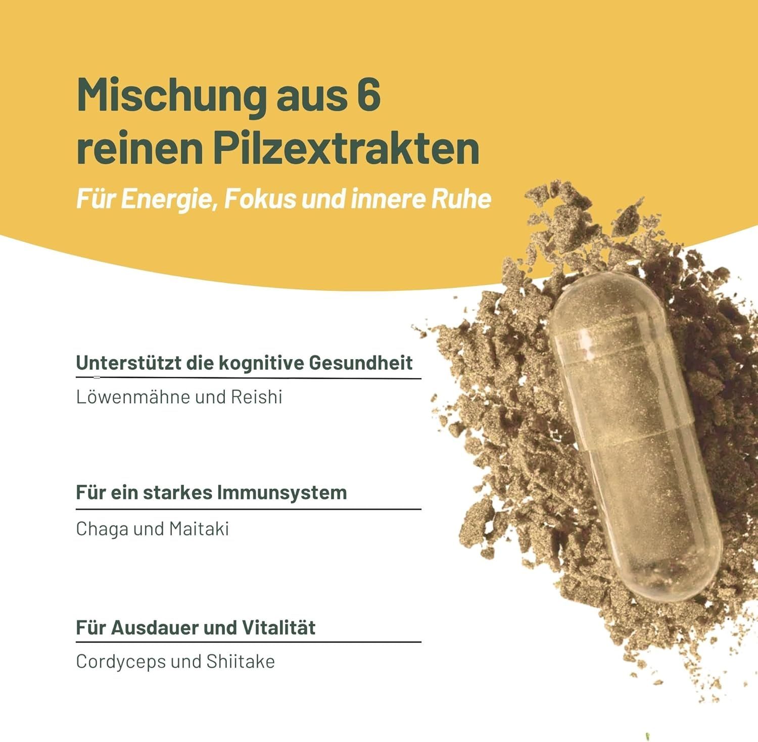 Gélule de complexe de champignons. Texte: Mélange de 6 extraits de champignons purs. Soutient la santé cognitive. Pour un système immunitaire fort. Pour l'endurance et la vitalité.