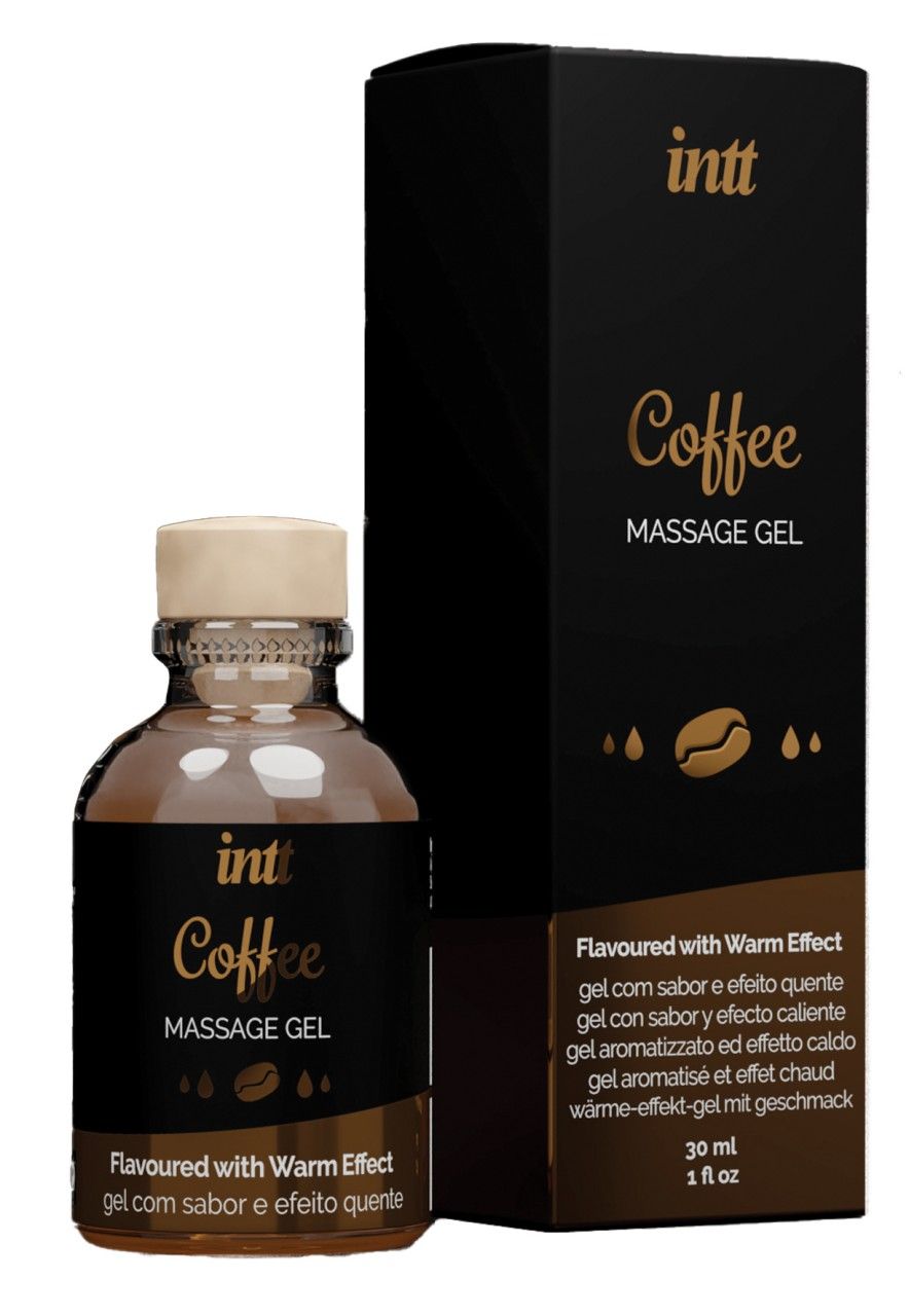 Bouteille et boîte de gel de massage Intt Coffee. Effet chauffant.