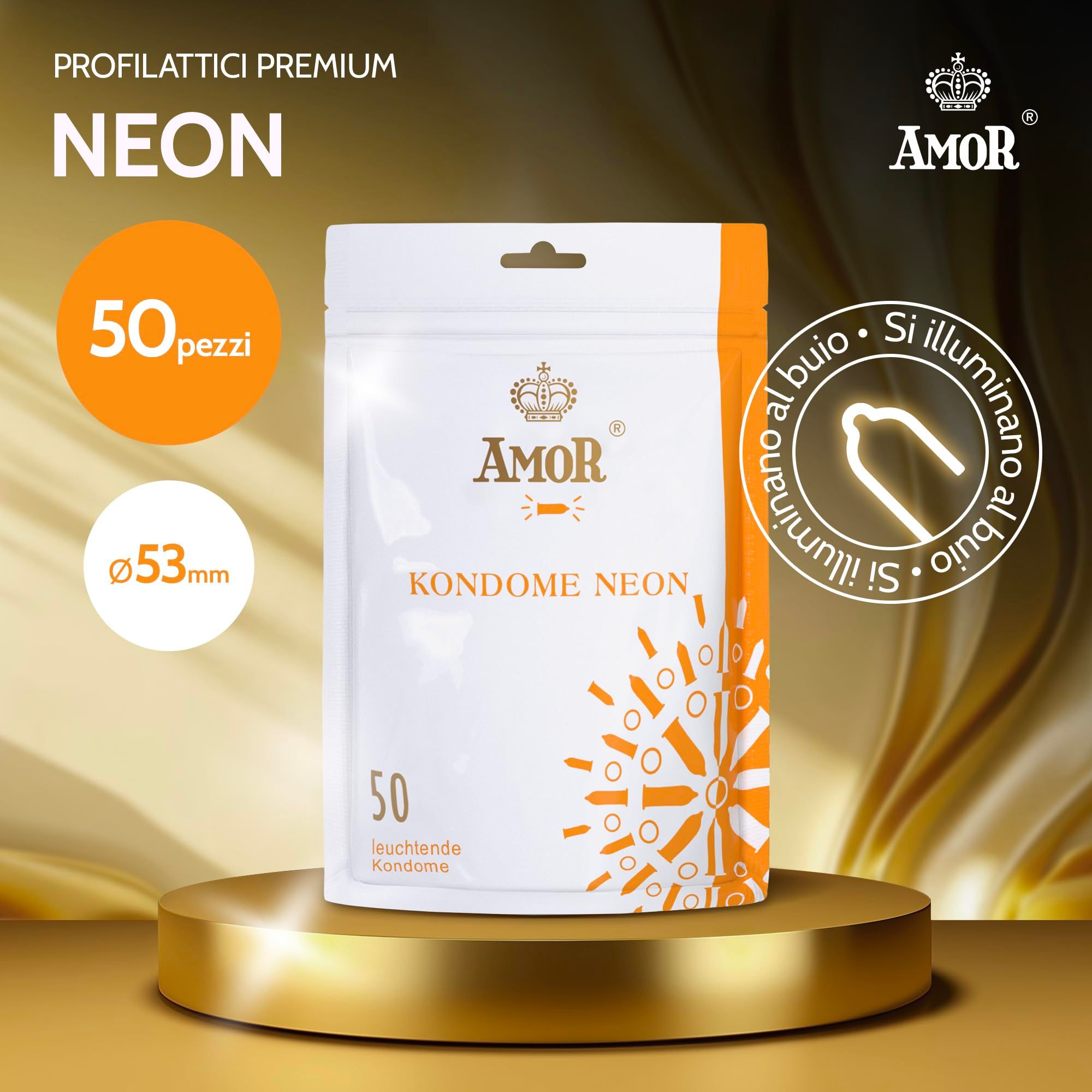 AMOR Kondome Neon, 50 pièces, Ø 53mm. Lumineux dans l'obscurité.