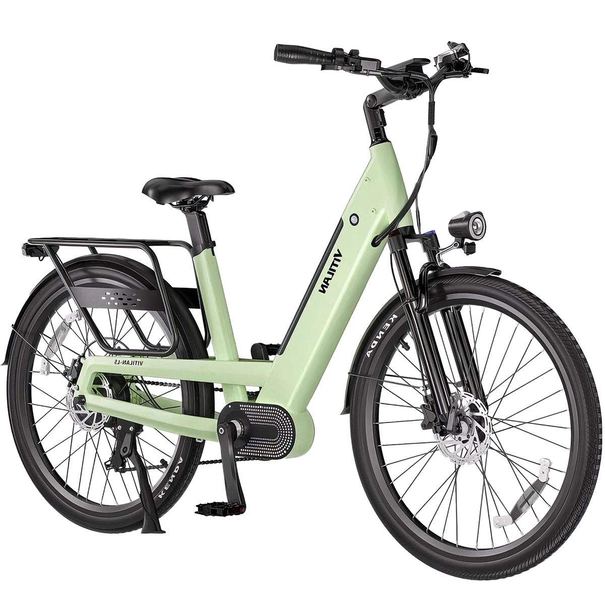 Lichtgroene Vitilan L5 elektrische fiets. Zwarte banden, bagagerek en koplamp. Zijaanzicht.