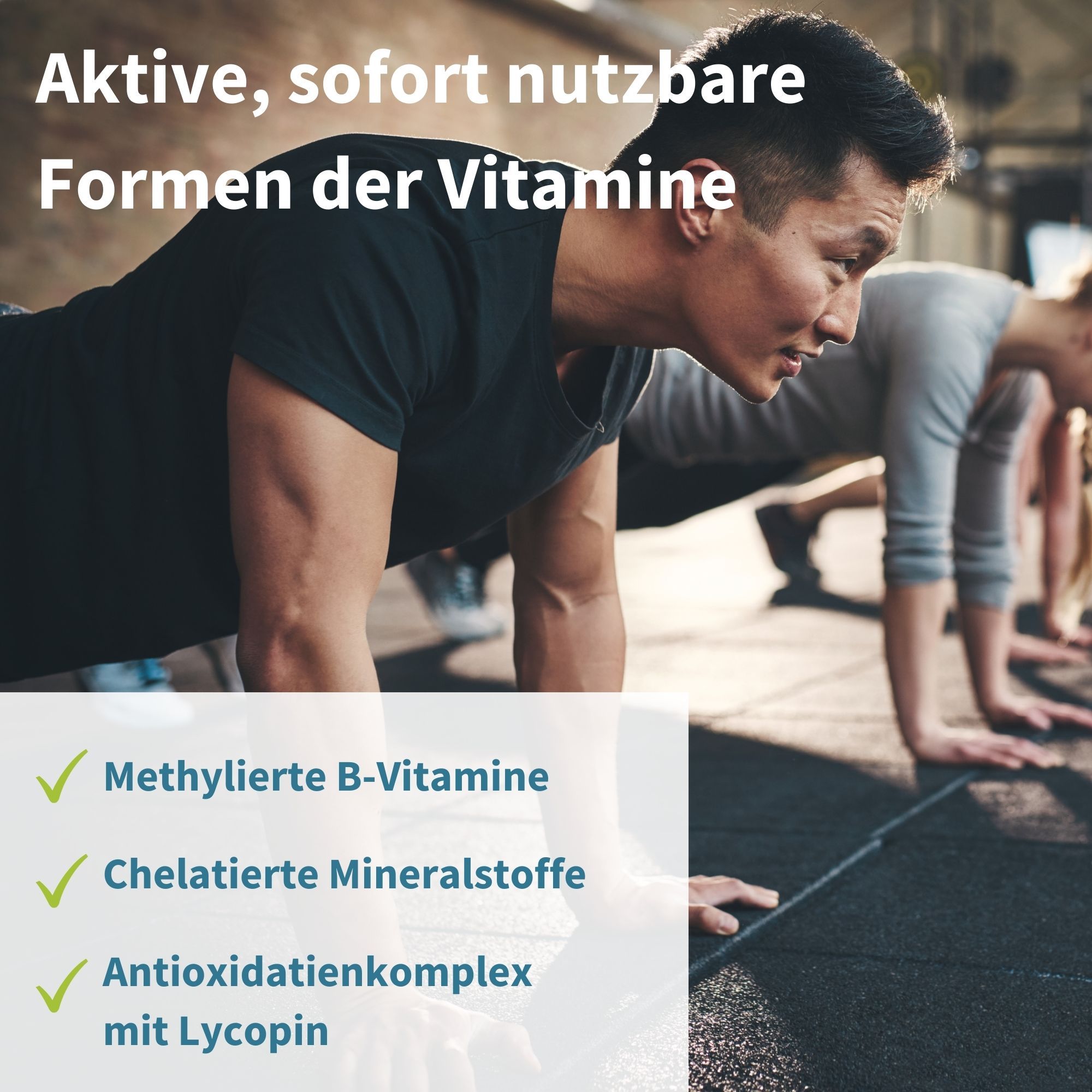 Hommes faisant du sport, prenant des vitamines B méthylées et des minéraux chélatés.