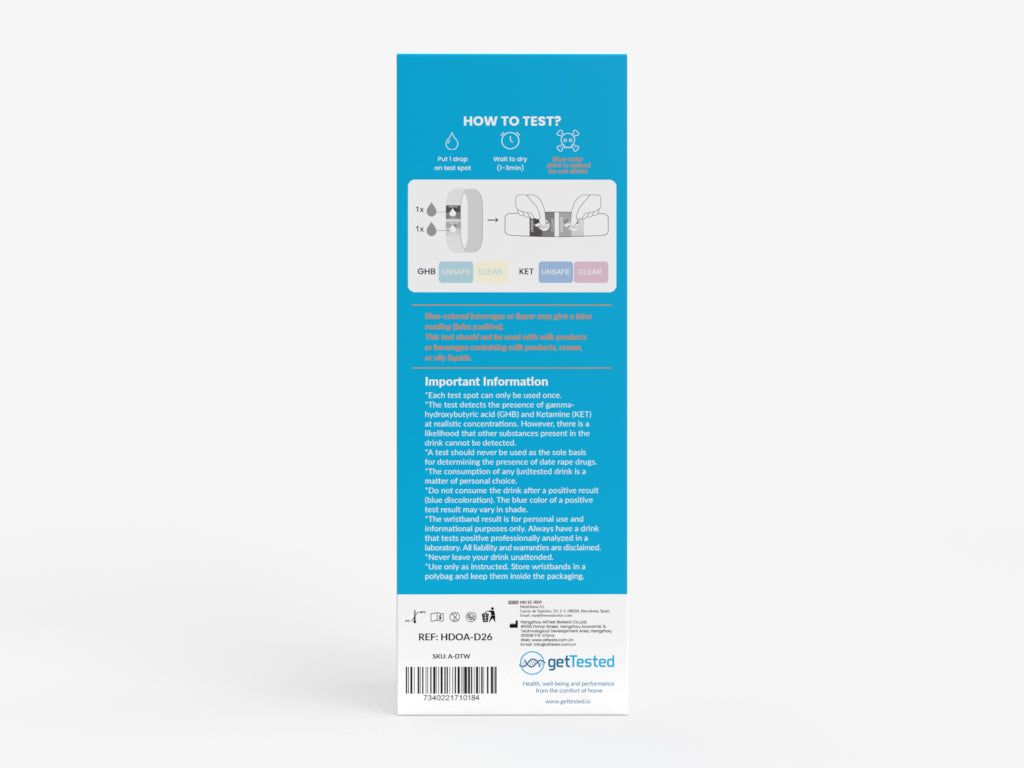 Emballage du bracelet de test de boisson. Bleu, avec texte et illustrations. Contient des informations d'utilisation et des avertissements.