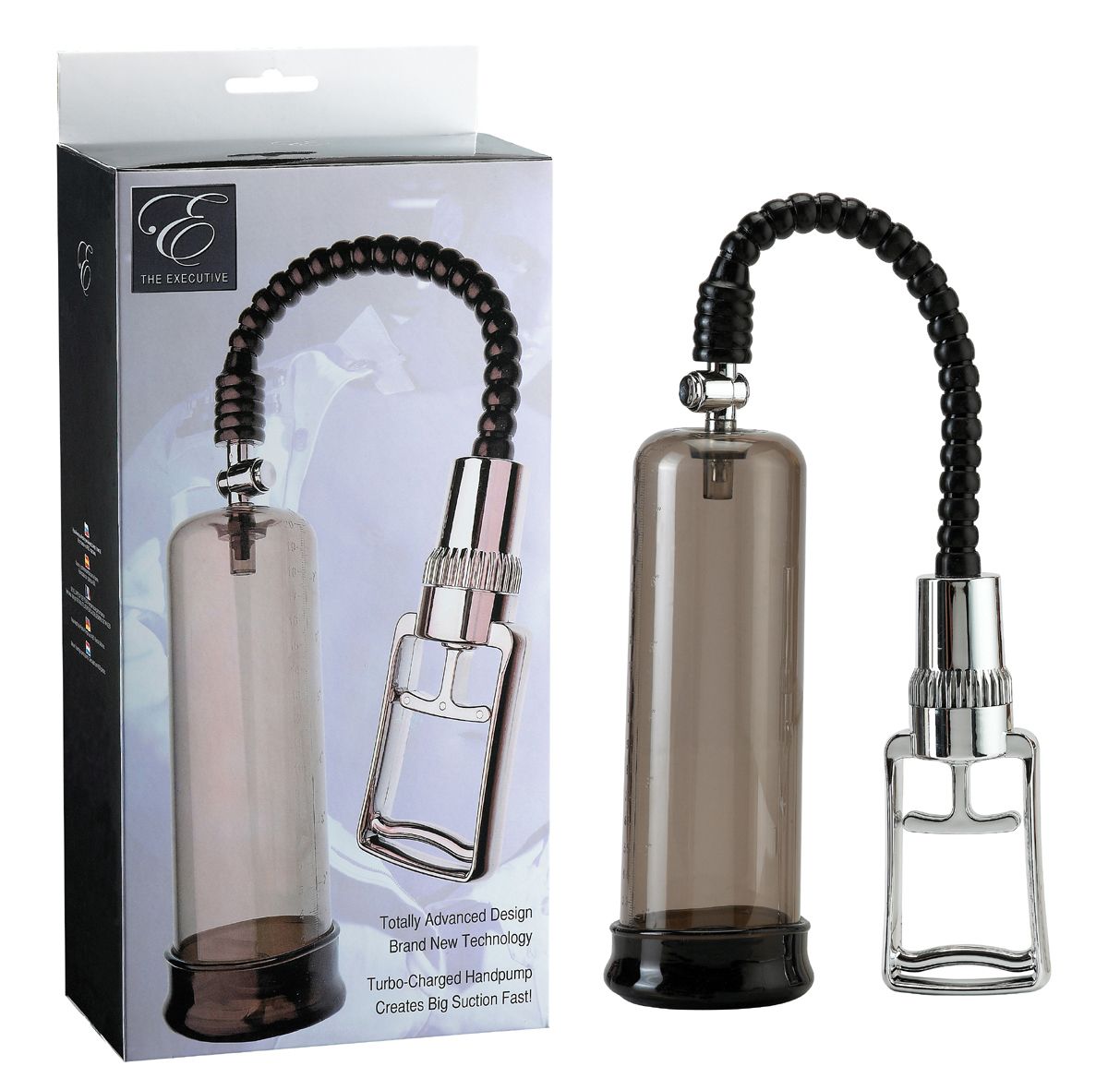 Pompe à pénis avec cylindre transparent, tube noir et poignée argentée. Emballage inclus.