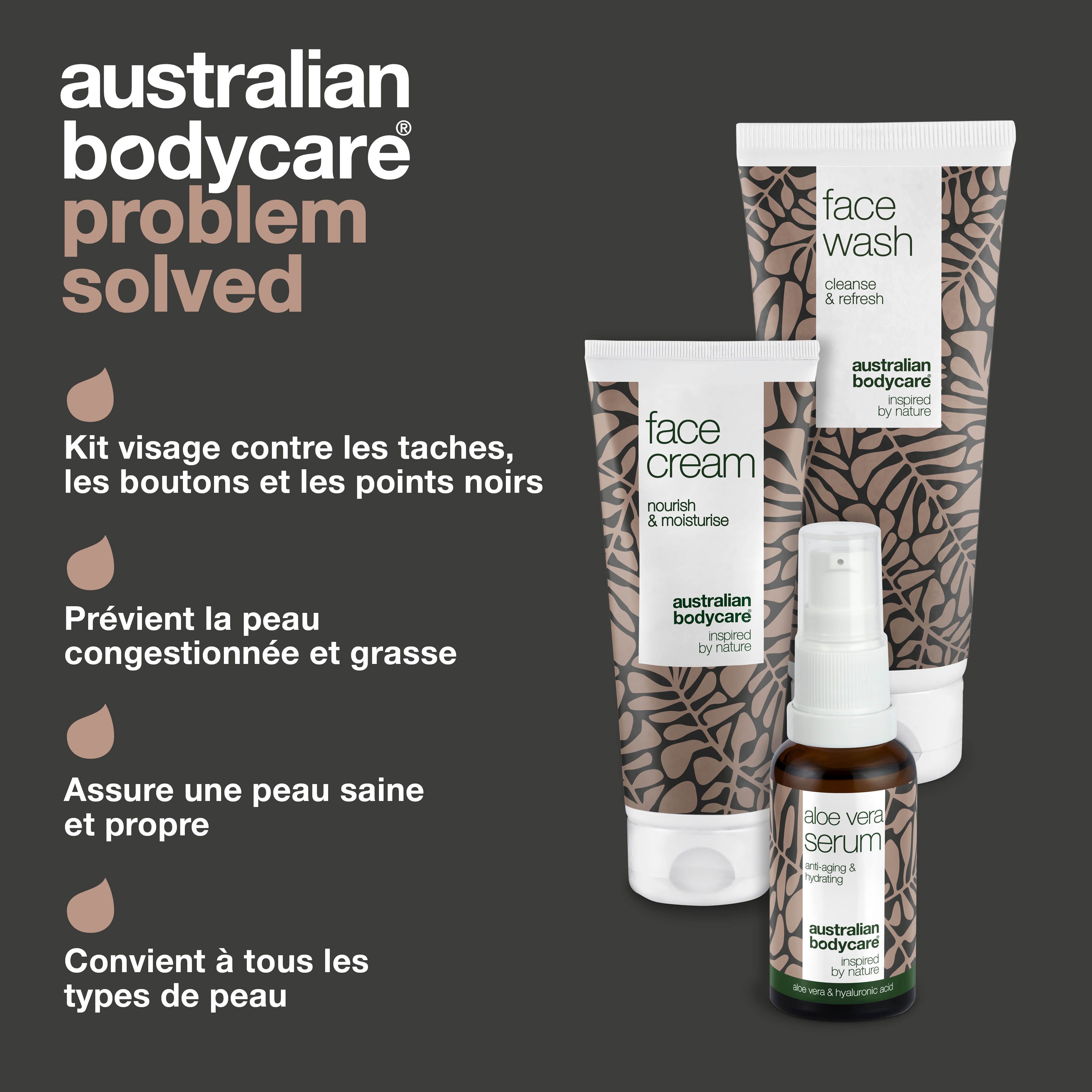 Ensemble de soins du visage. Texte : problème résolu. Produits : Face Wash, Face Cream, Sérum. Gouttes brunes.