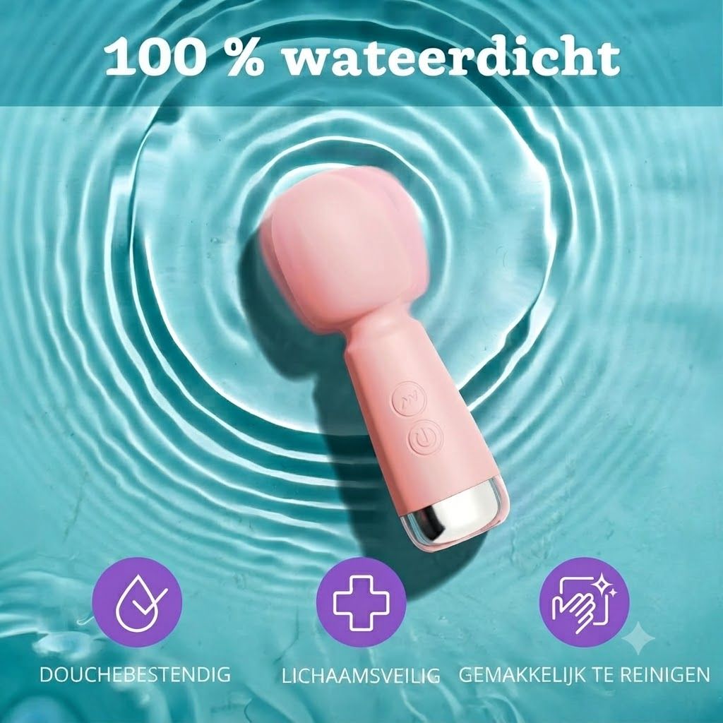 Een roze massageapparaat met zilveren accent, in golvend water. Tekst: 100% waterdicht.