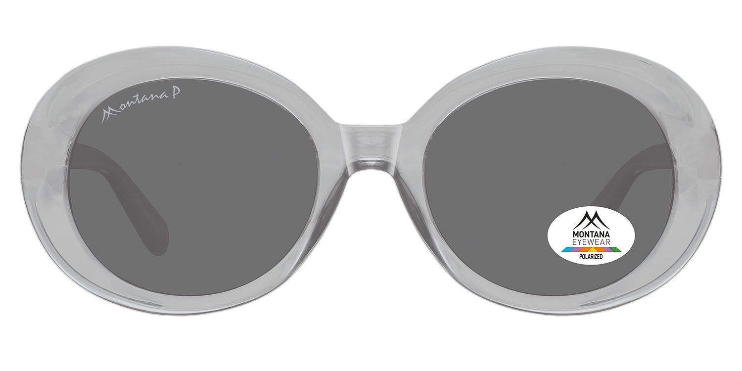 Lunettes de soleil grises avec verres ronds. Logo Montana Eyewear sur le verre et les branches. Verre polarisé.