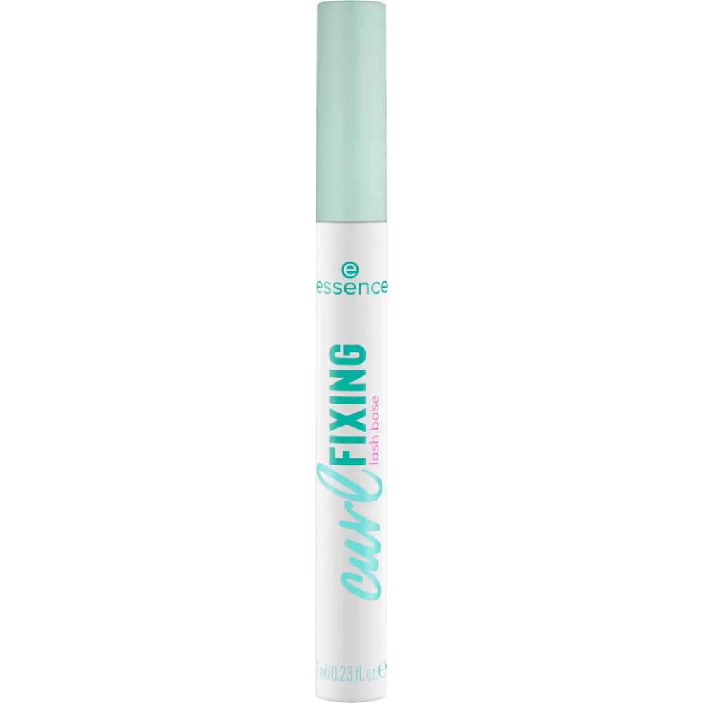 Tube de mascara blanc avec bouchon vert clair et texte. Nom du produit et marque visibles.