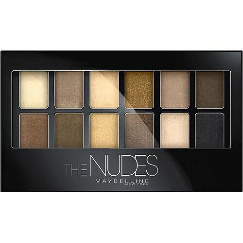 Palette de fards à paupières avec 12 teintes. Emballage noir. Inscription : THE NUDES MAYBELLINE New York.