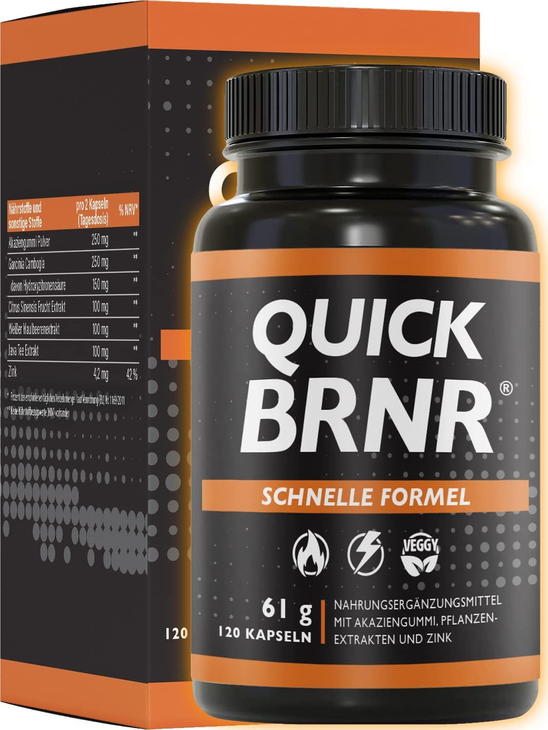 Flacon noir avec étiquette orange. Inscription: QUICK BRNR, Formule rapide. Contient 120 gélules. Avec gomme d'acacia, extraits de plantes et zinc.