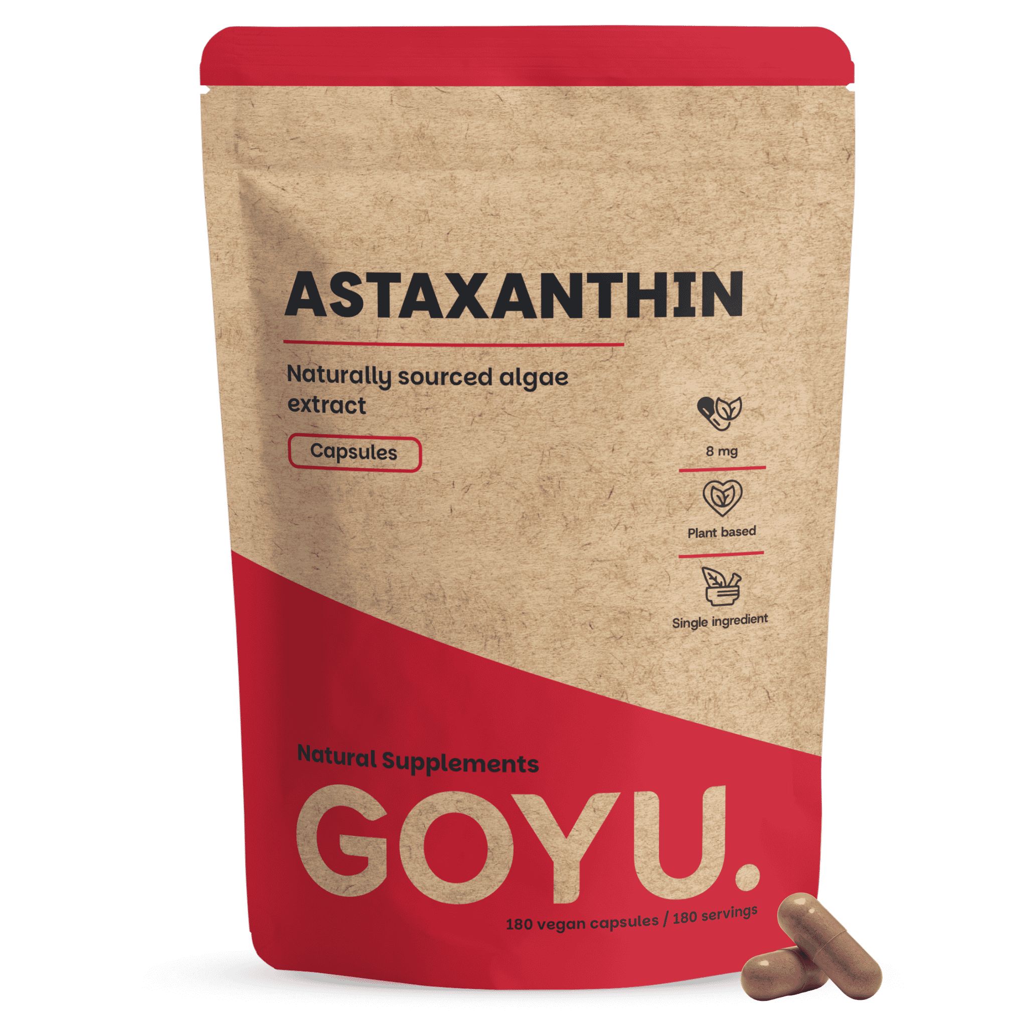 Bruine pouch met Astaxanthine capsules, 8 mg, plantaardig.