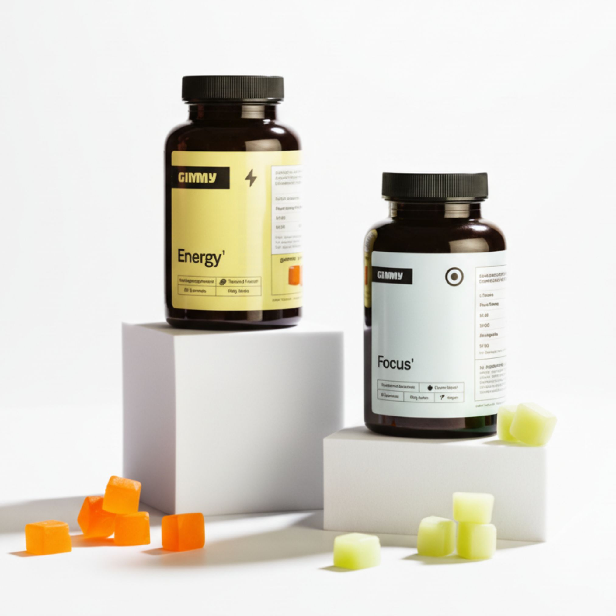 Twee flessen met zwarte doppen. Eén met geel etiket, "Energy". De andere met wit etiket, "Focus". Gele en groene gummies.