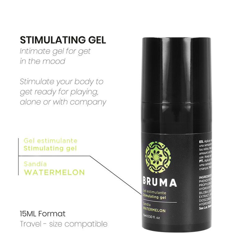 Bruma Stimulerende Gel, 15ml formaat, watermeloen, in een zwarte fles met dispenser.