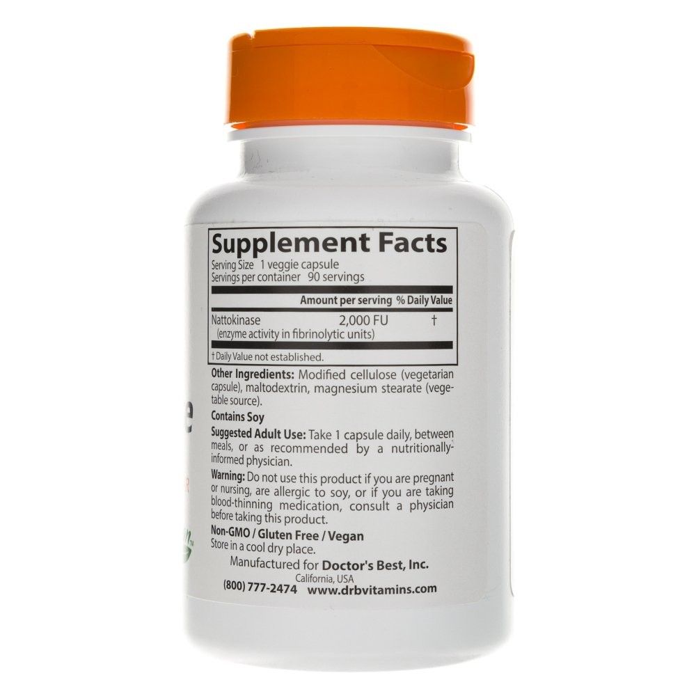 Dos du contenant Doctor's Best Nattokinase 2.000 FU avec informations nutritionnelles et instructions.