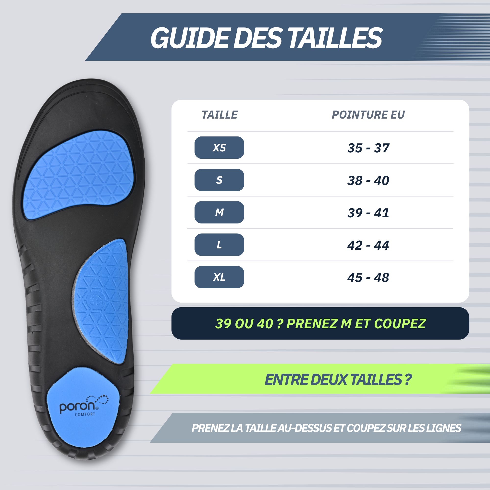 Tableau des tailles pour semelles intérieures : pointures EU de 35 à 48, réparties en XS, S, M, L, XL.