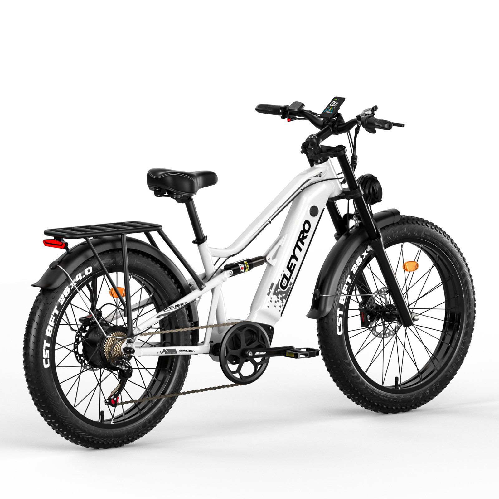 VTT électrique blanc avec porte-bagages. Pneus et détails noirs. Marque Cleytro. Gros pneus, suspension.
