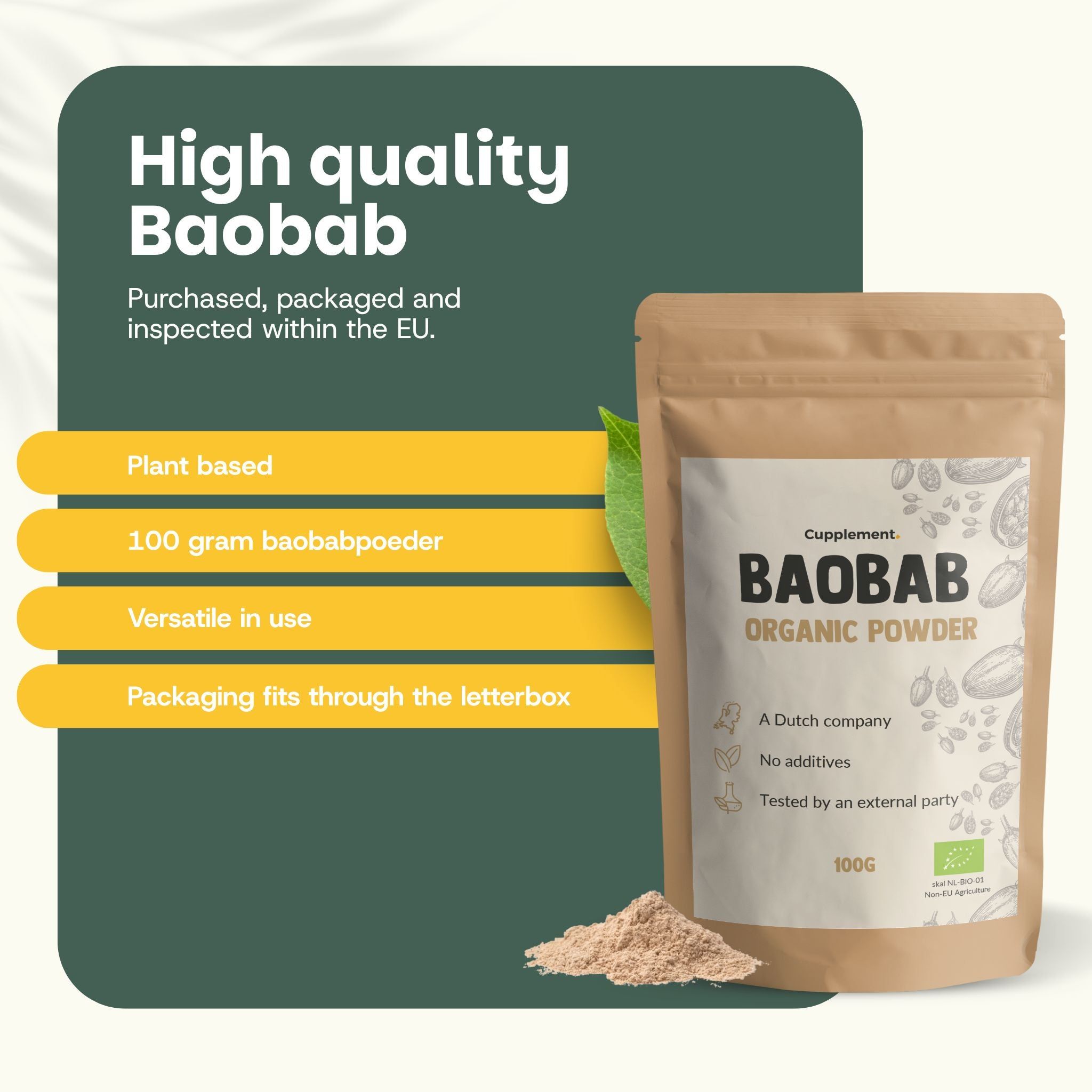 Sachet Cupplement Baobab Organic Powder. Sachet brun avec étiquette blanche. Label BIO. 100g. Avis clients avec étoiles.