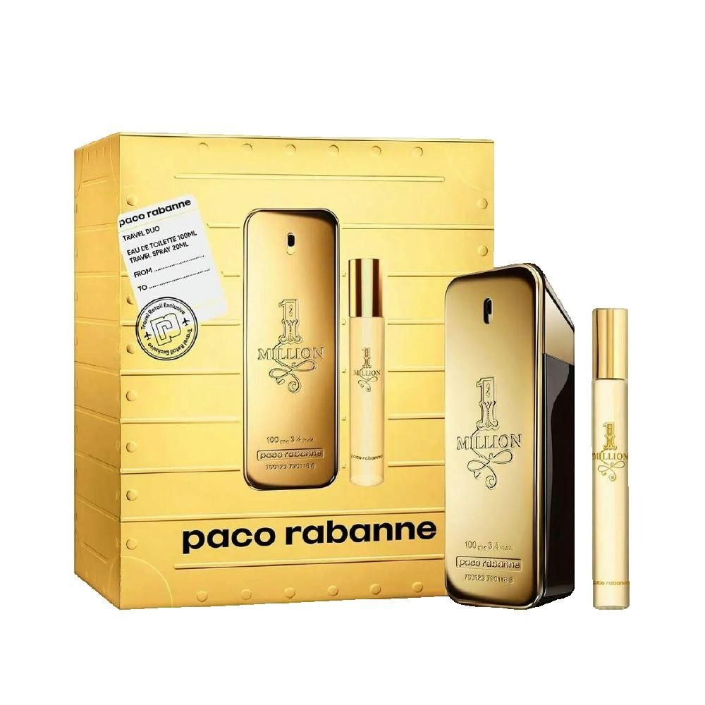 Geschenkset met gouden flacon en verstuiver. Opschrift: 1 Million, Paco Rabanne. Gouden verpakking.