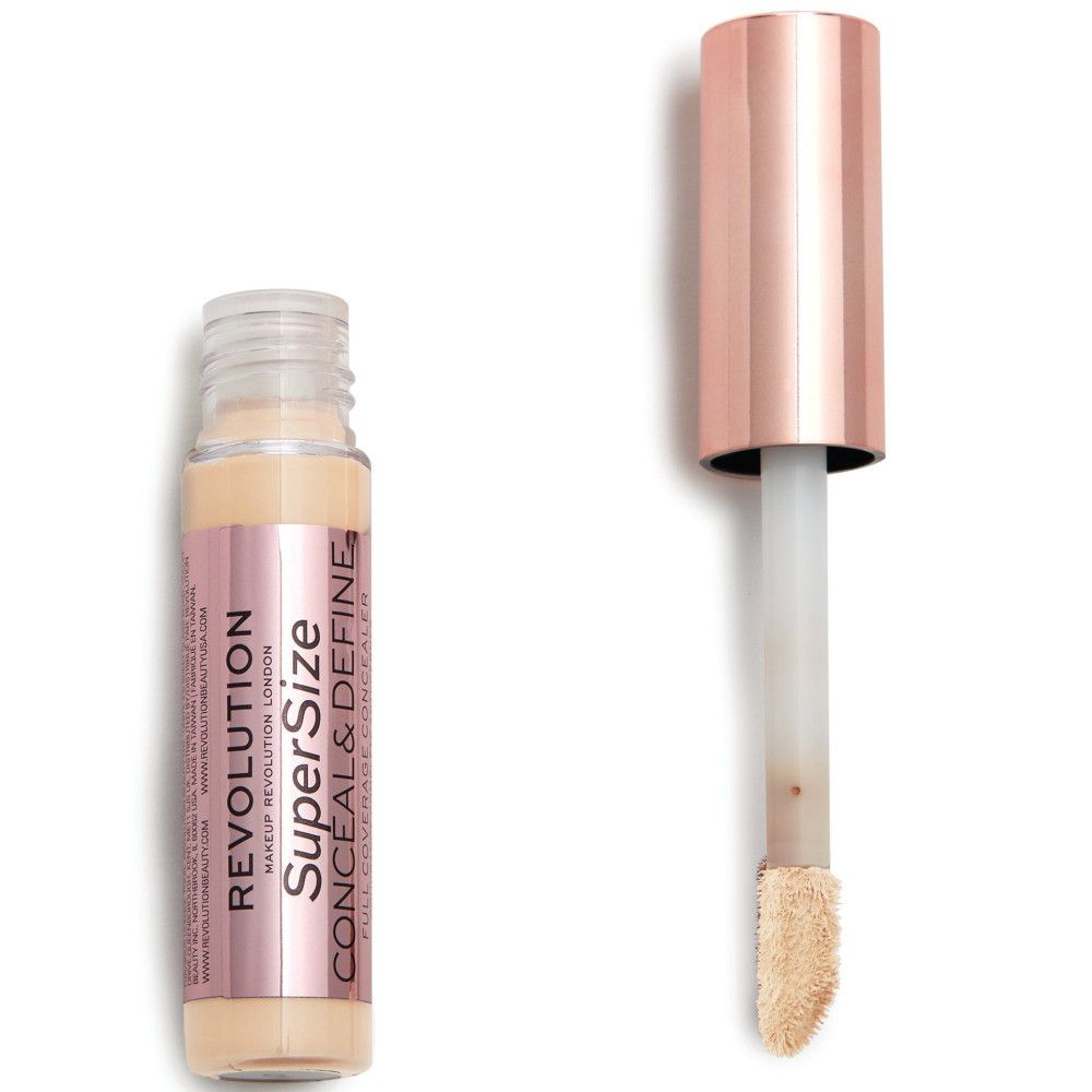 Flacon de correcteur avec bouchon et applicateur or rose. Inscription: Super Size Conceal & Define.