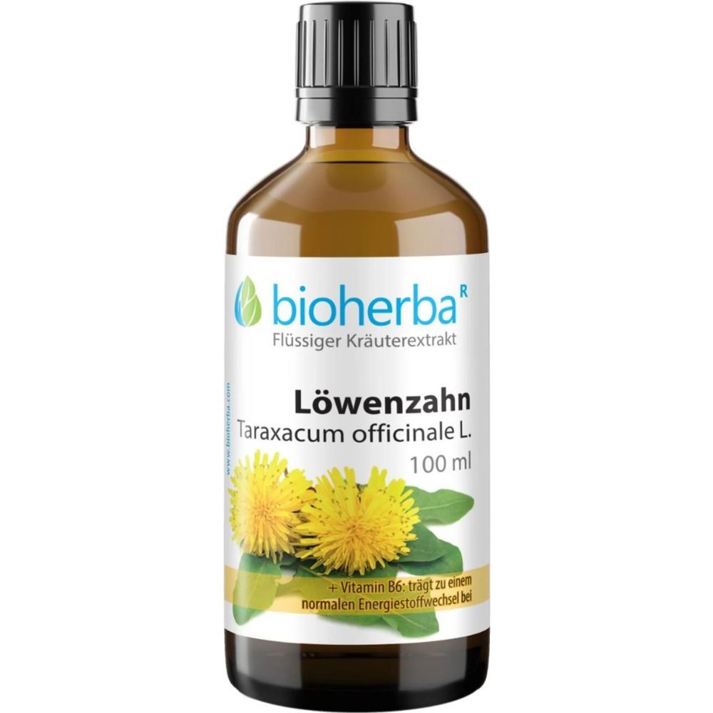 Bruine glazen fles met zwarte dop. Etiket met logo, productnaam en illustratie van paardenbloem bloemen.