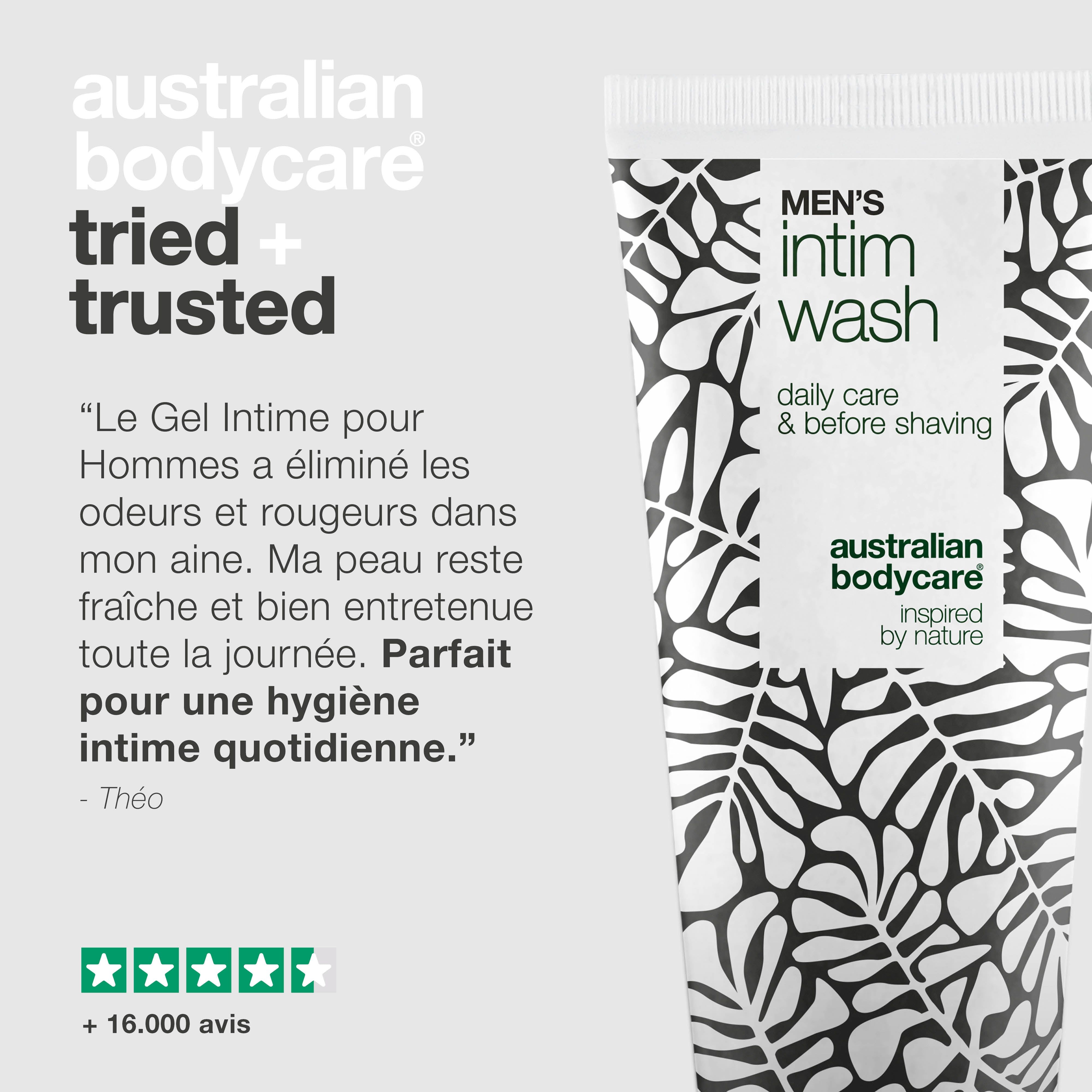 Image produit avec texte. Tube gel intime. Texte: Men's Intim Wash, Australian Bodycare. Citation: Theo, hygiène.