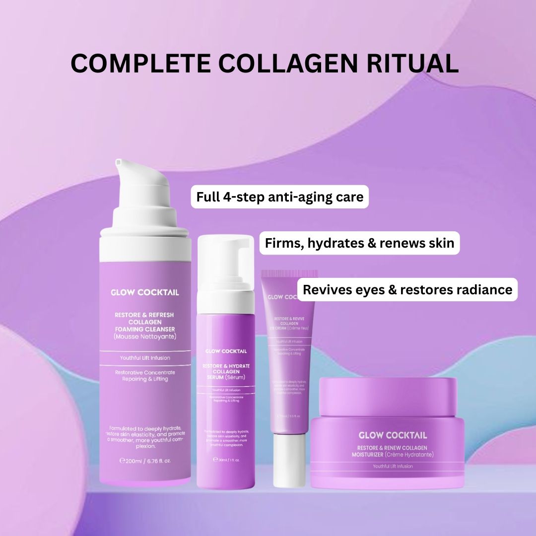 Quatre produits de soin violets. Comprend : nettoyant moussant, sérum, crème pour les yeux et hydratant. Texte : Complete Collagen Ritual.