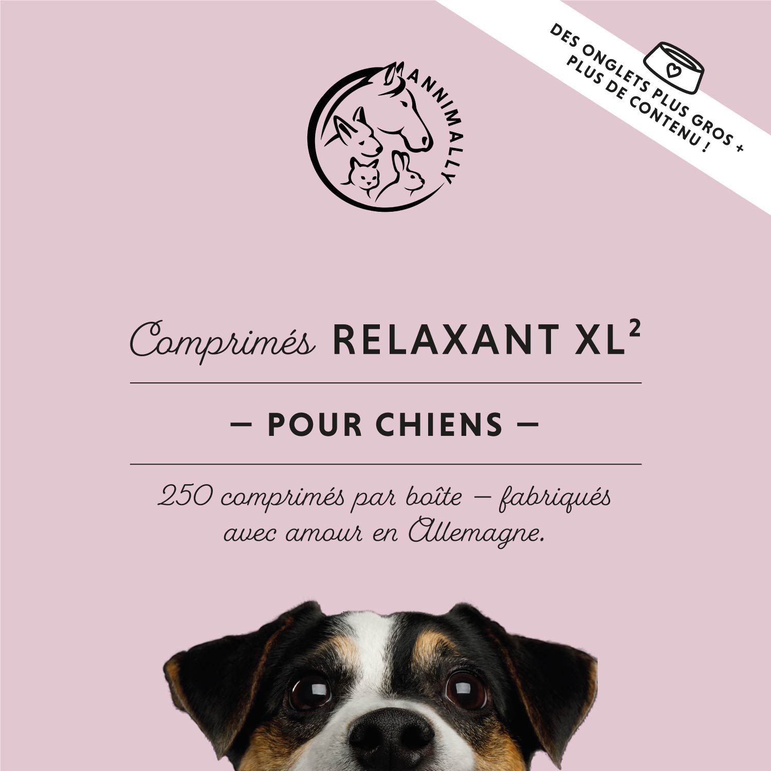 Fond rose avec texte: Comprimés RELAXANT XL². 250 comprimés par boîte. Logo et chien.