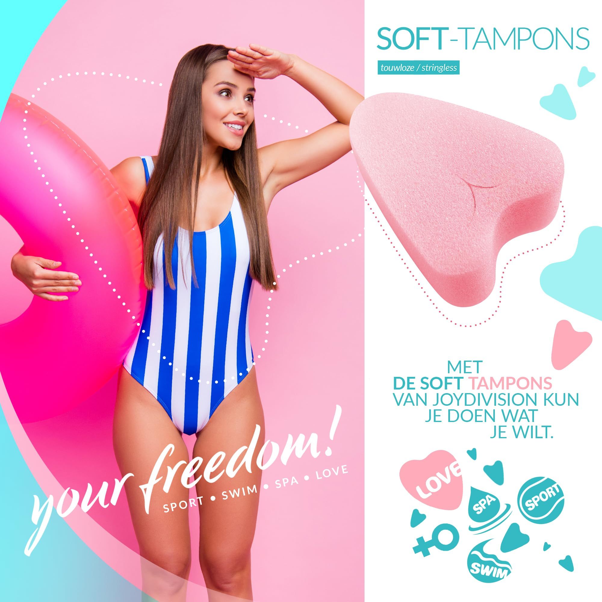 Verpakking Soft-Tampons mini met productafbeelding en tekst.