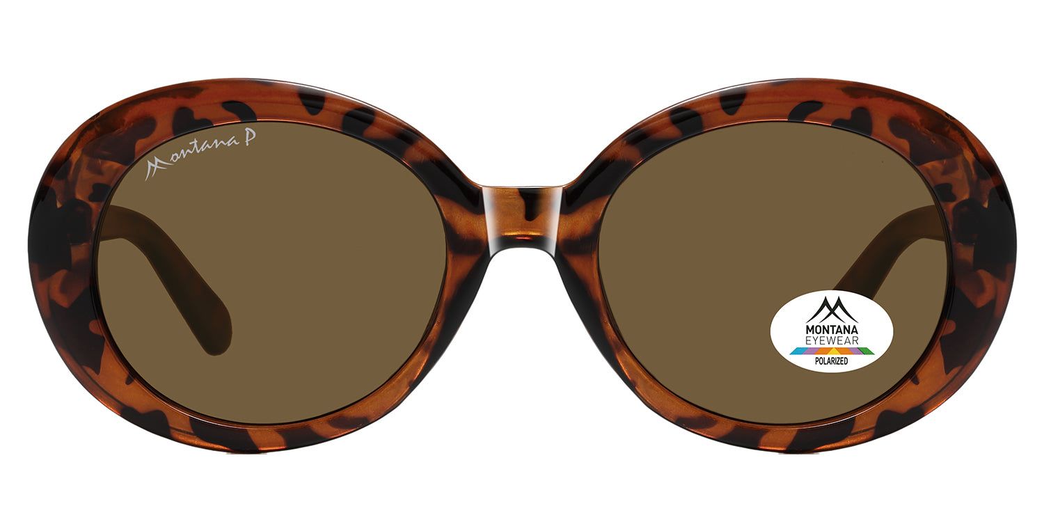 Lunettes de soleil marron avec monture marron à motif. Logo Montana Eyewear et autocollant Polarized.