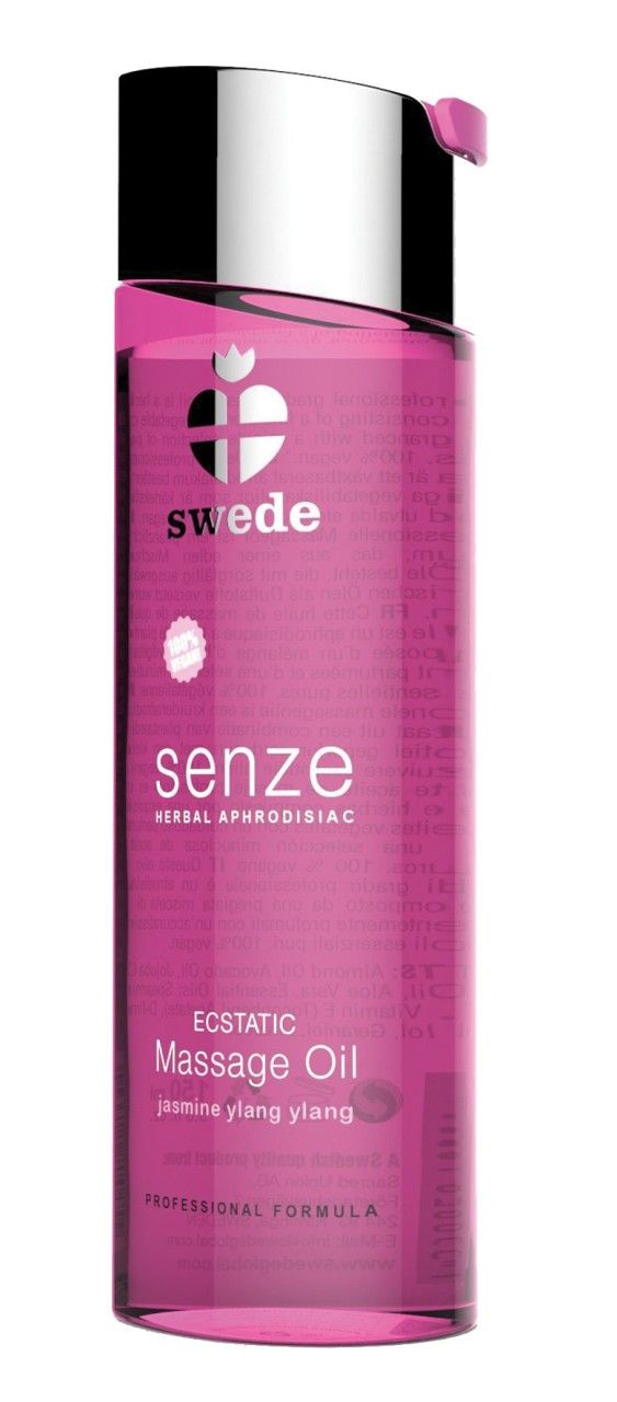 Swede Senze massageolie: Roze fles met zilveren dop. Vermeldt 'Ecstatic Massage Oil' en 'Jasmine Ylang Ylang'.