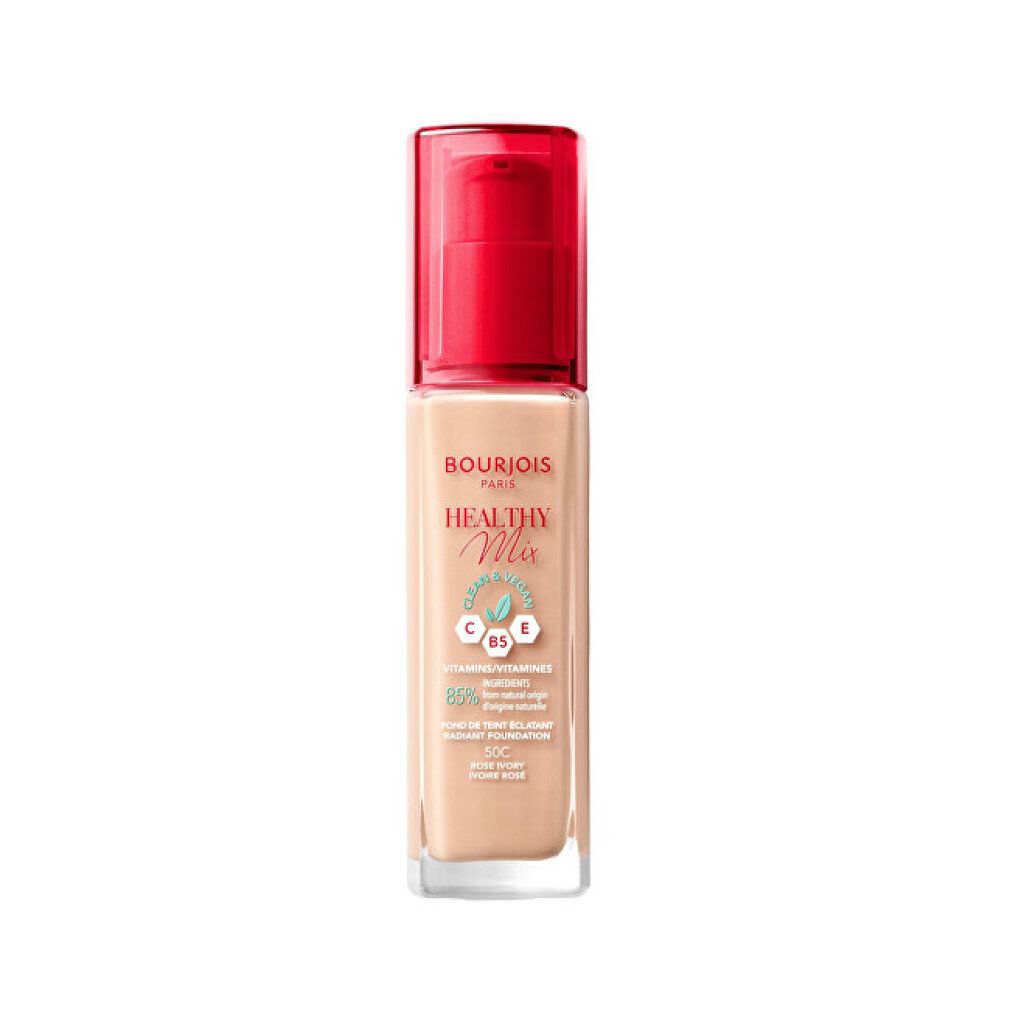 Bourjois Healthy Mix foundationfles. Beige vloeistof, rode pompdeksel. Opschrift Healthy Mix.