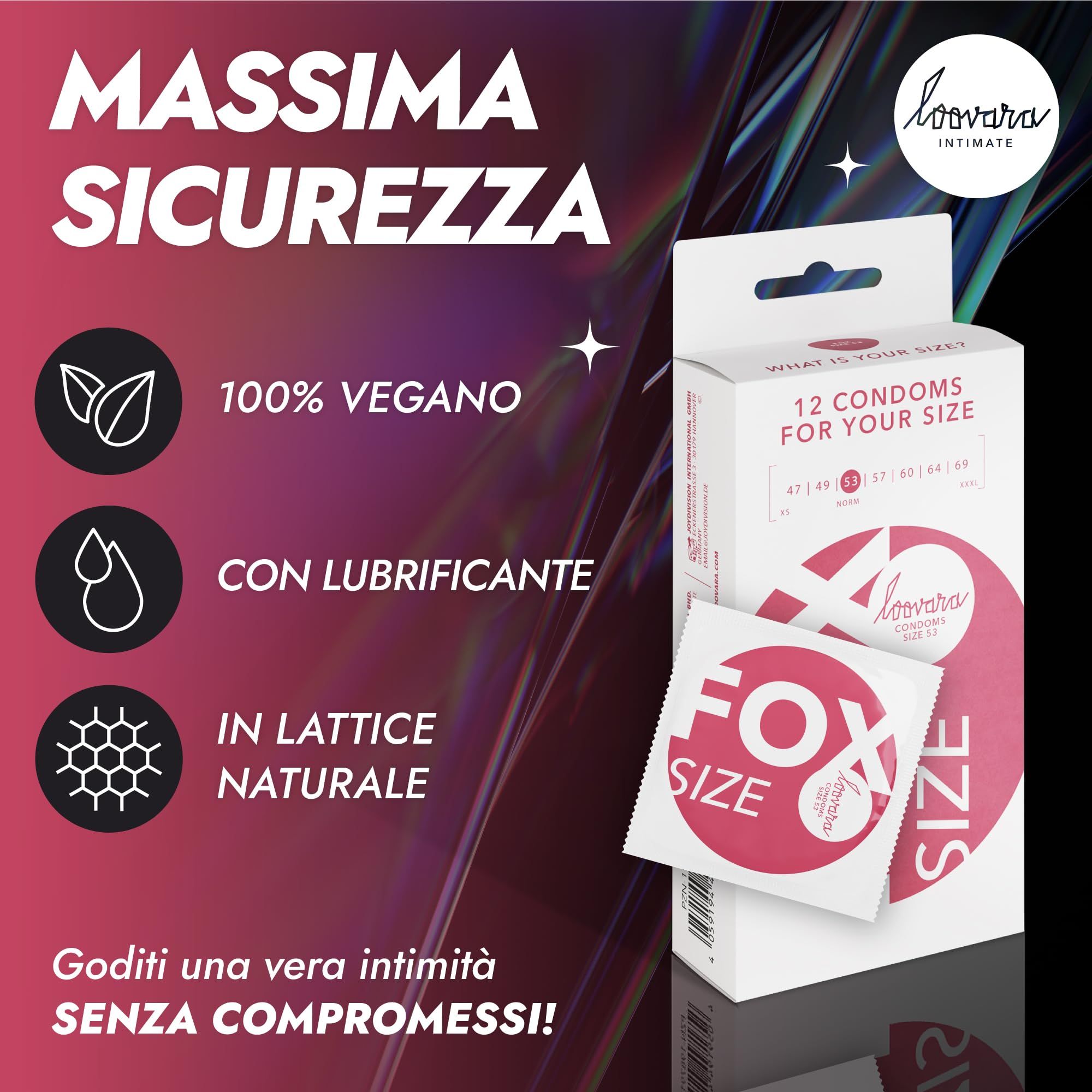 Boîte de 12 préservatifs Loovara, vegan, avec lubrifiant, en caoutchouc naturel.