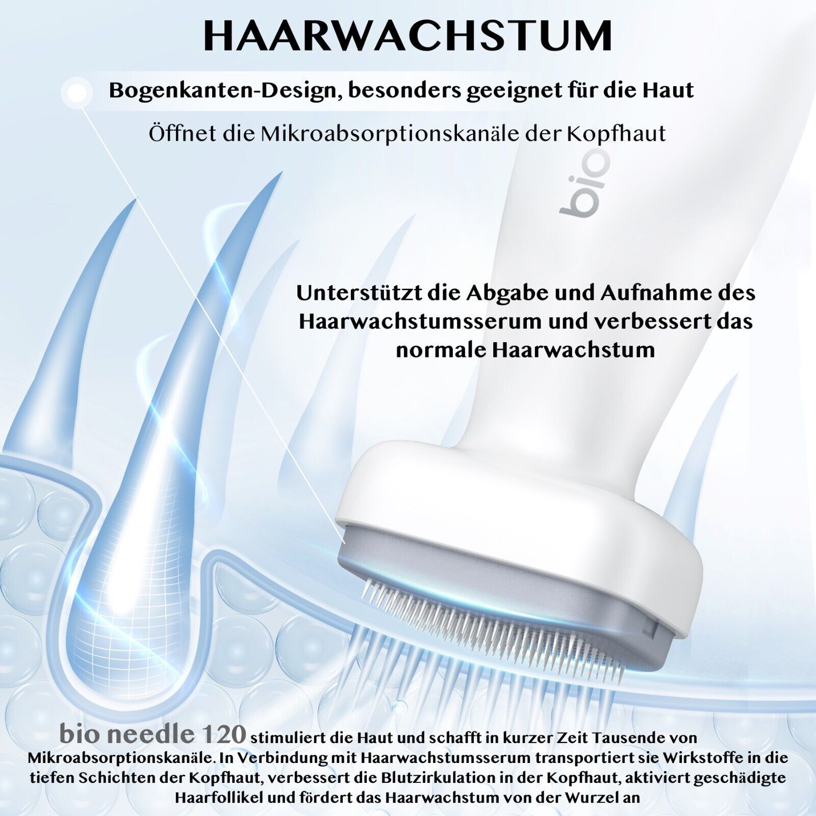 Dermastamp met naalden. Tekst: bio needle 120. Product voor verbetering van haargroei.