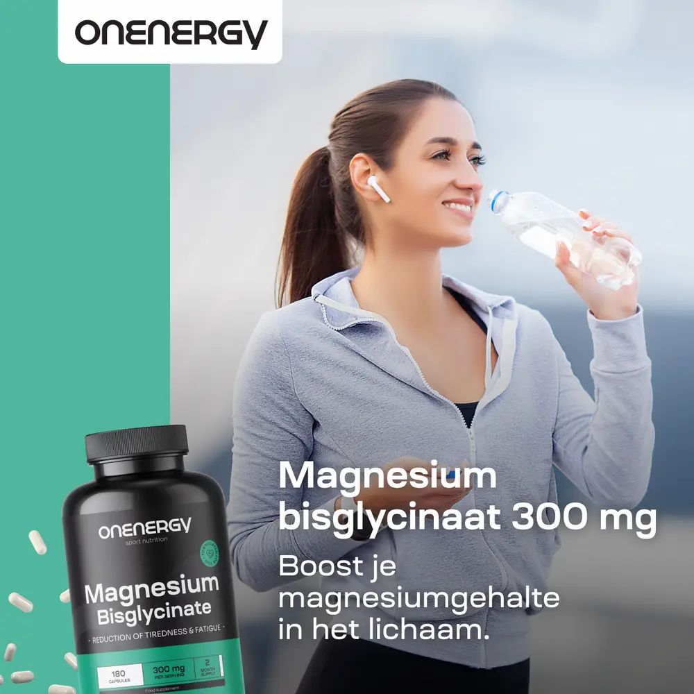 Fles en capsules. Tekst: Magnesiumbisglycinaat 300 mg, 180 capsules. Voordelen: elektrolytenbalans, spierfunctie.