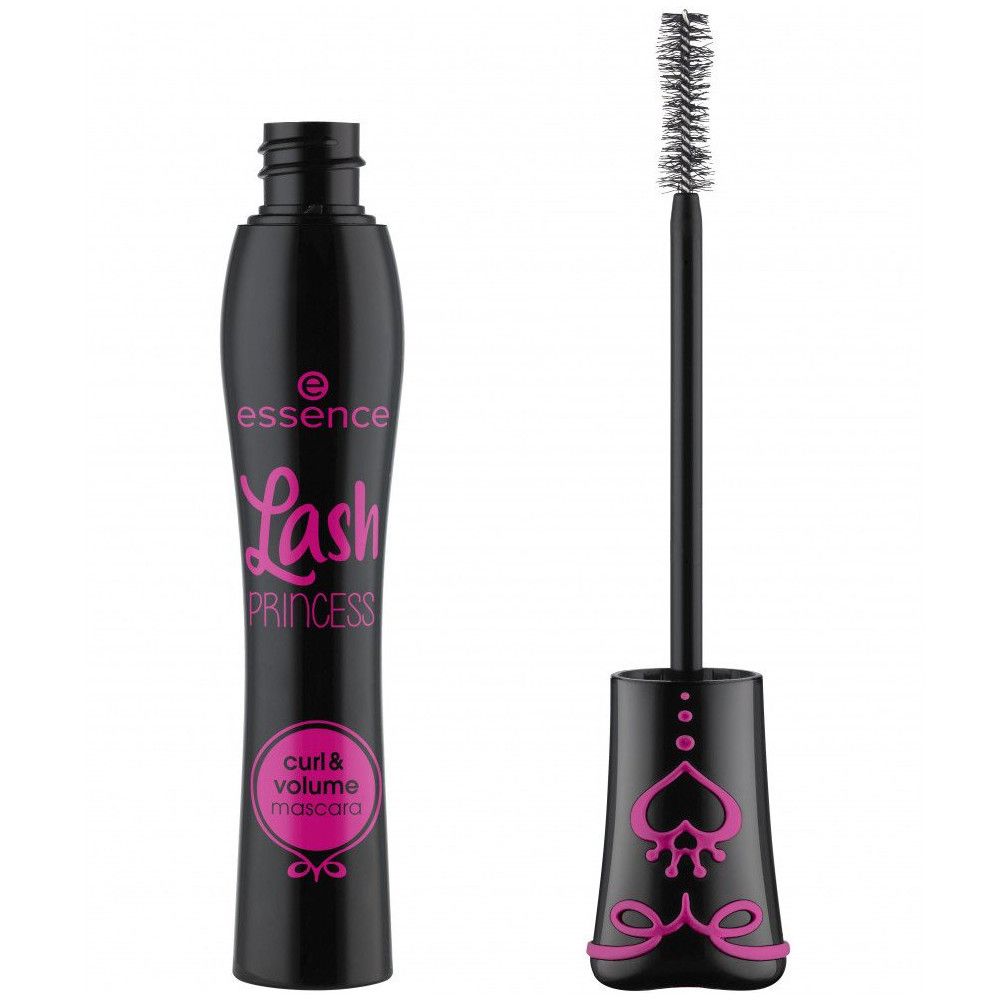 Zwarte mascara met roze accenten. Borstel eruit. Opschrift: Essence, Lash Princess, Curl & Volume Mascara.