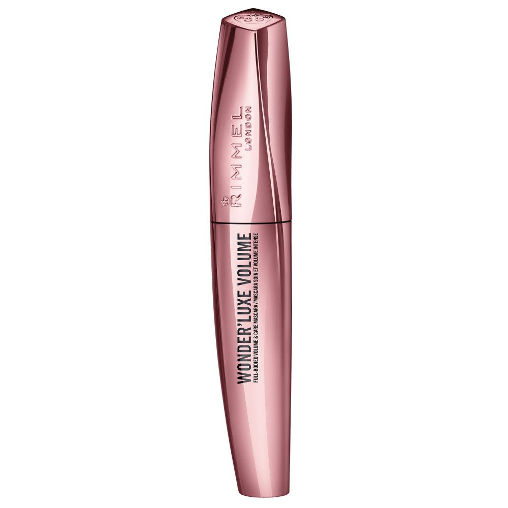 Mascara Rimmel London Wonder'Luxe Volume. Étui rose, brosse noire. Fermé.